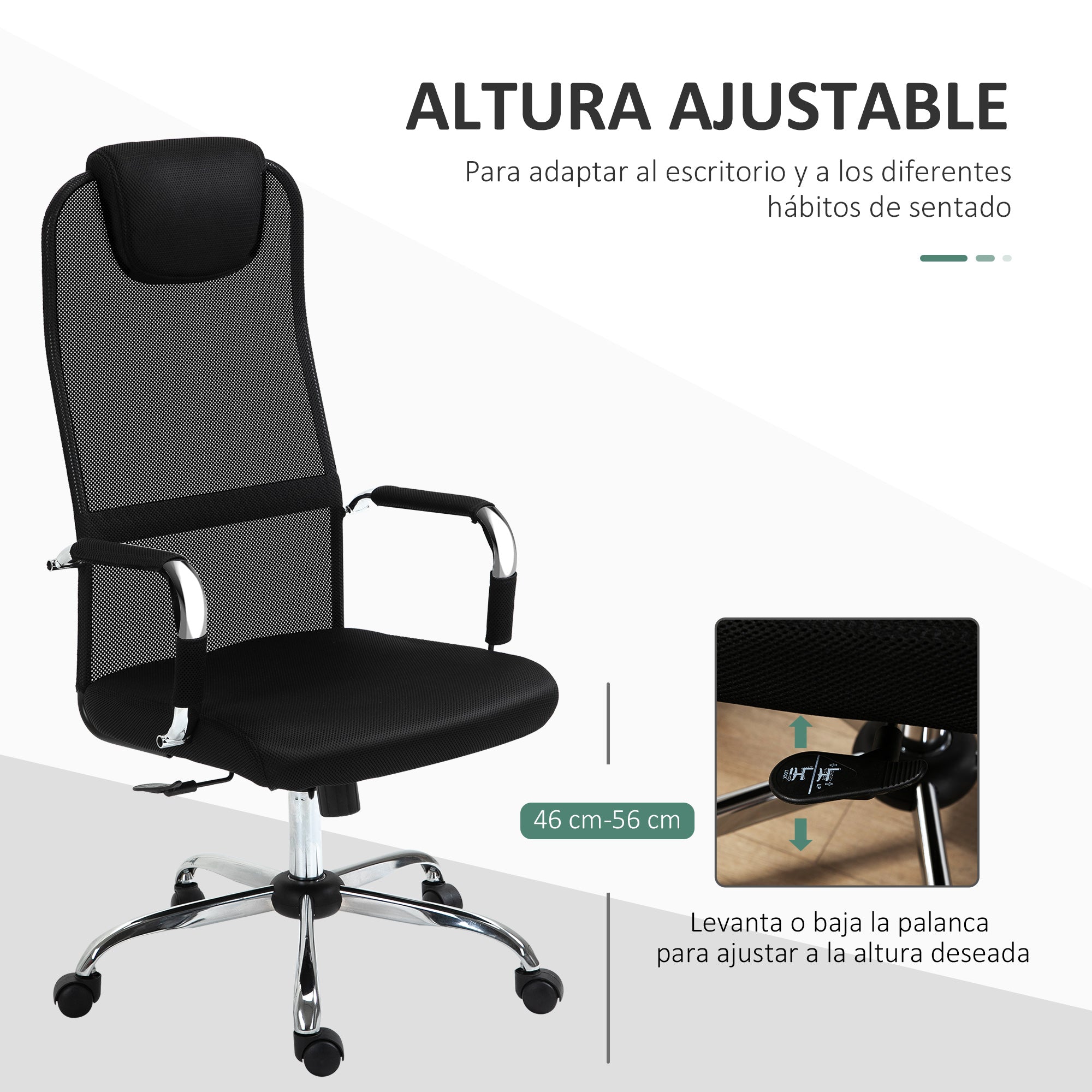 Cadeira de Escritório Ergonômica Giratória e Basculante com Encosto de Cabeça - 65,5x62,5x117-127 cm - Black