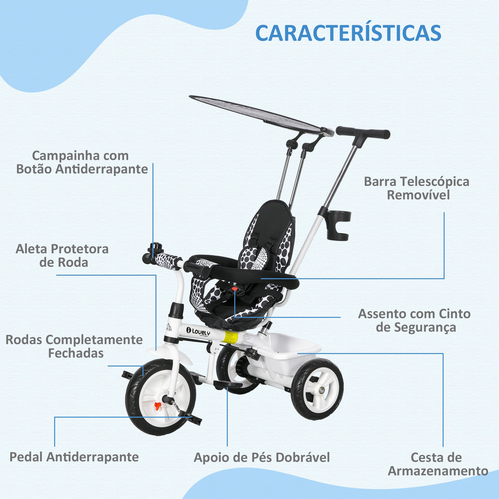 Triciclo Evolutivo para Crianças +12 Meses - Branco 105x47x98 cm