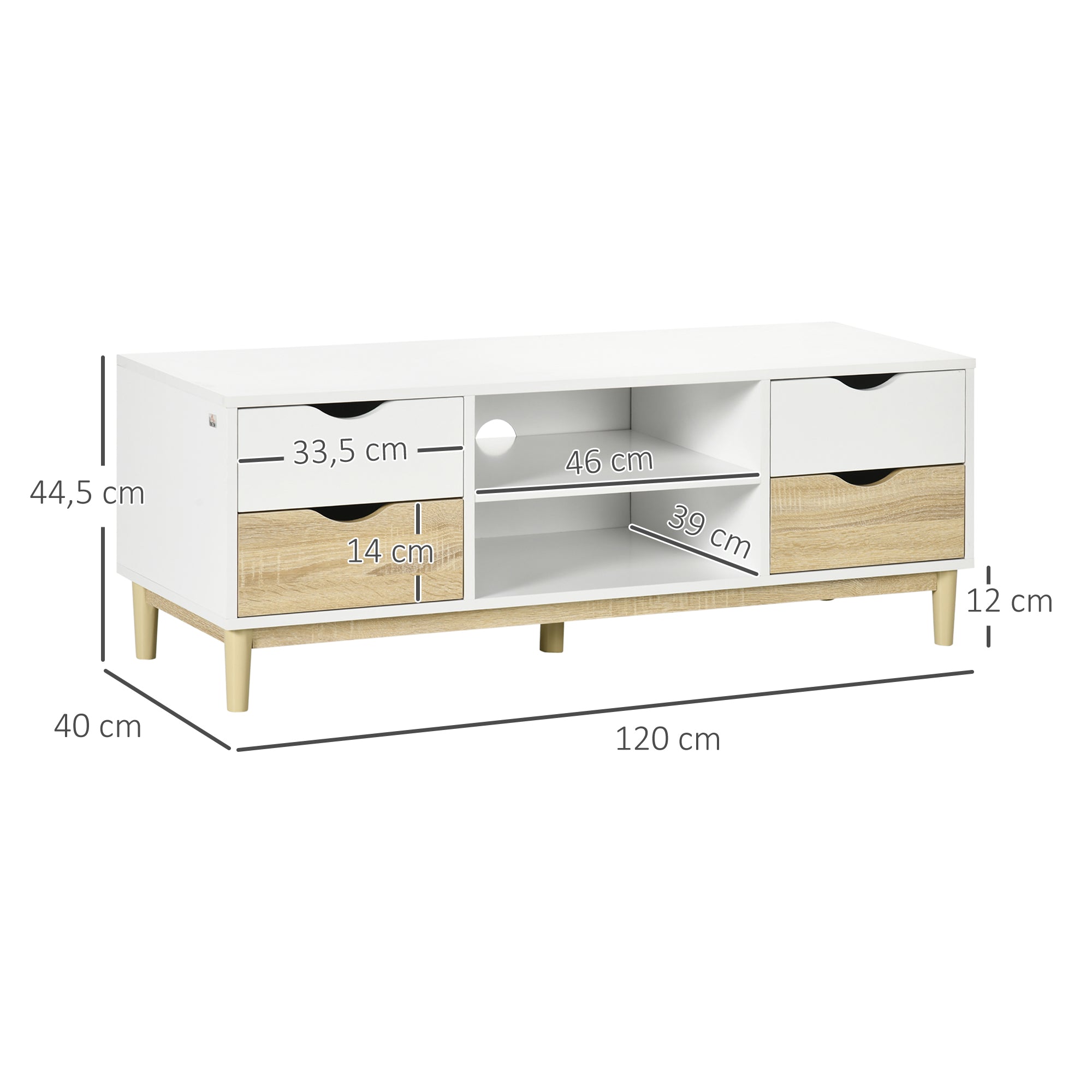 Móvel de TV para TVs de até 55" com Prateleiras de Armazenamento e 4 Gavetas 120x40x44,5cm Branco e Carvalho