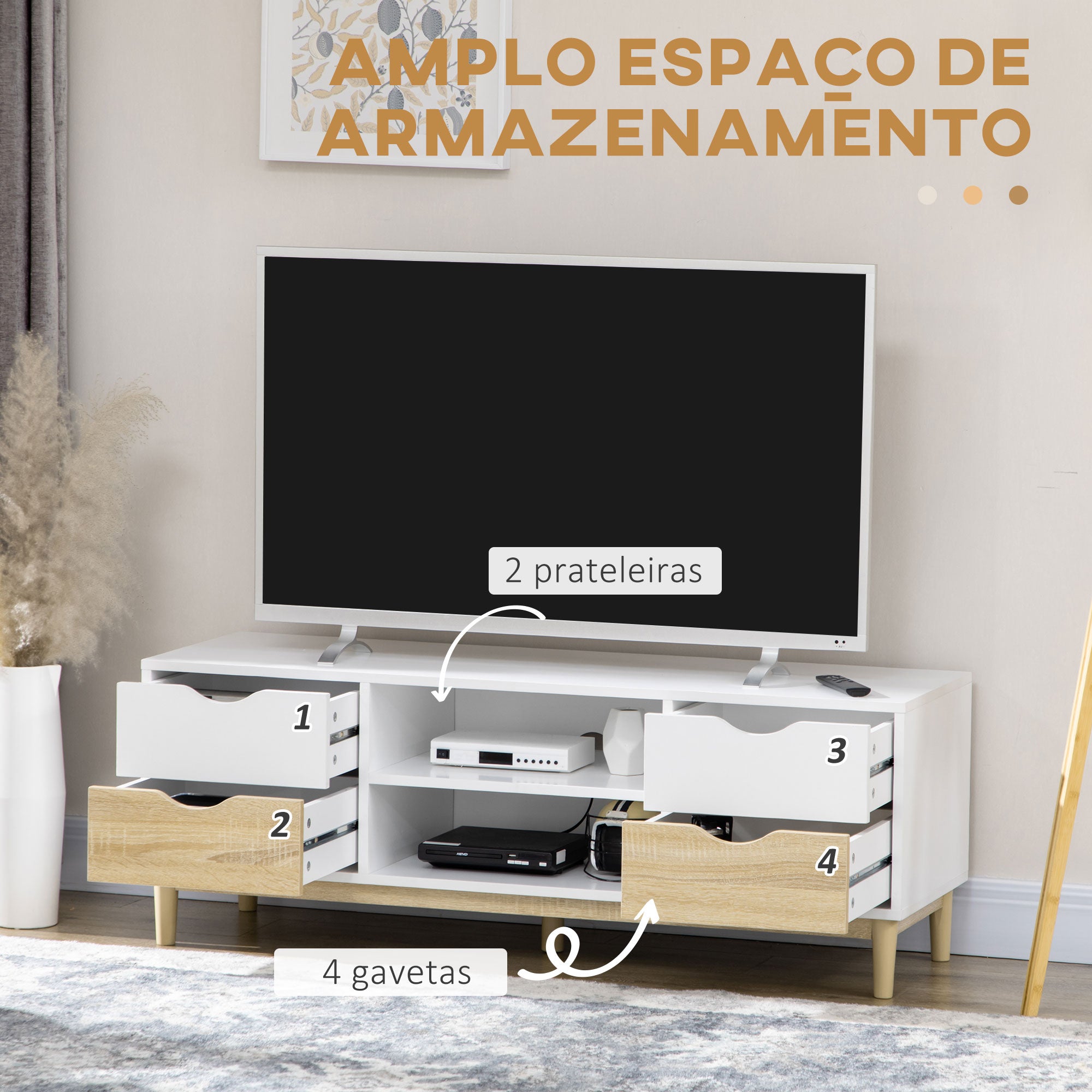 Móvel de TV para TVs de até 55" com Prateleiras de Armazenamento e 4 Gavetas 120x40x44,5cm Branco e Carvalho
