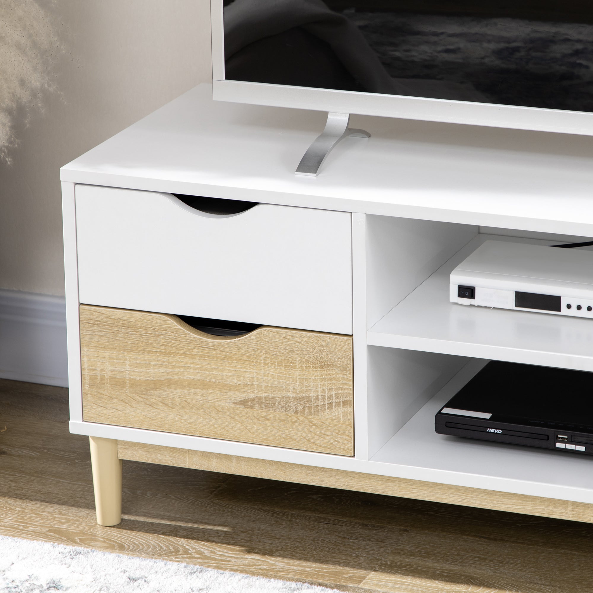 Móvel de TV para TVs de até 55" com Prateleiras de Armazenamento e 4 Gavetas 120x40x44,5cm Branco e Carvalho
