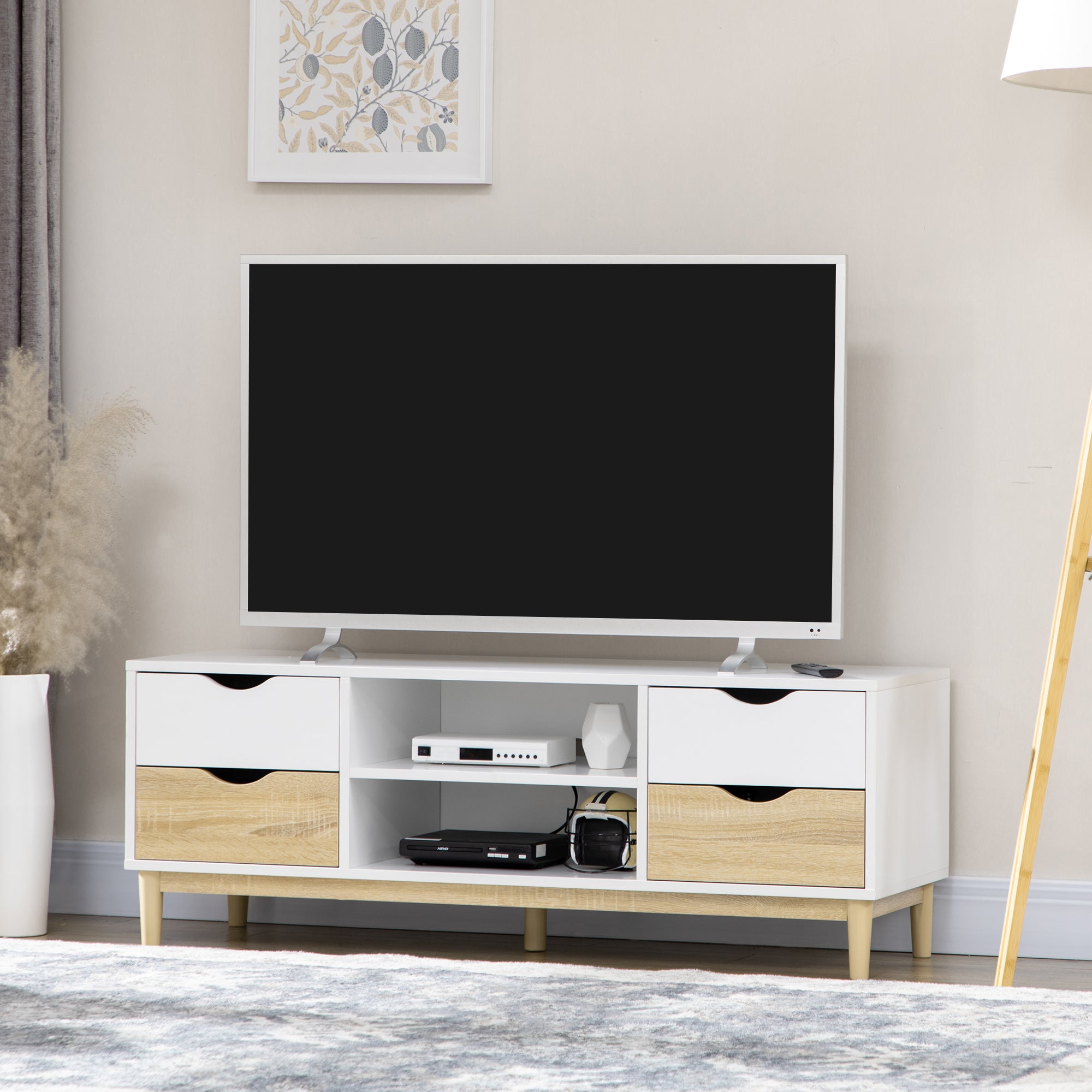 Móvel de TV para TVs de até 55" com Prateleiras de Armazenamento e 4 Gavetas 120x40x44,5cm Branco e Carvalho