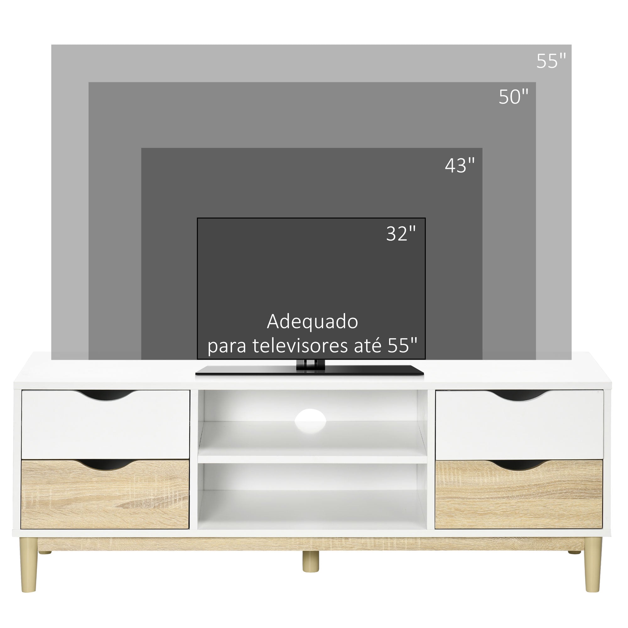 Móvel de TV para TVs de até 55" com Prateleiras de Armazenamento e 4 Gavetas 120x40x44,5cm Branco e Carvalho