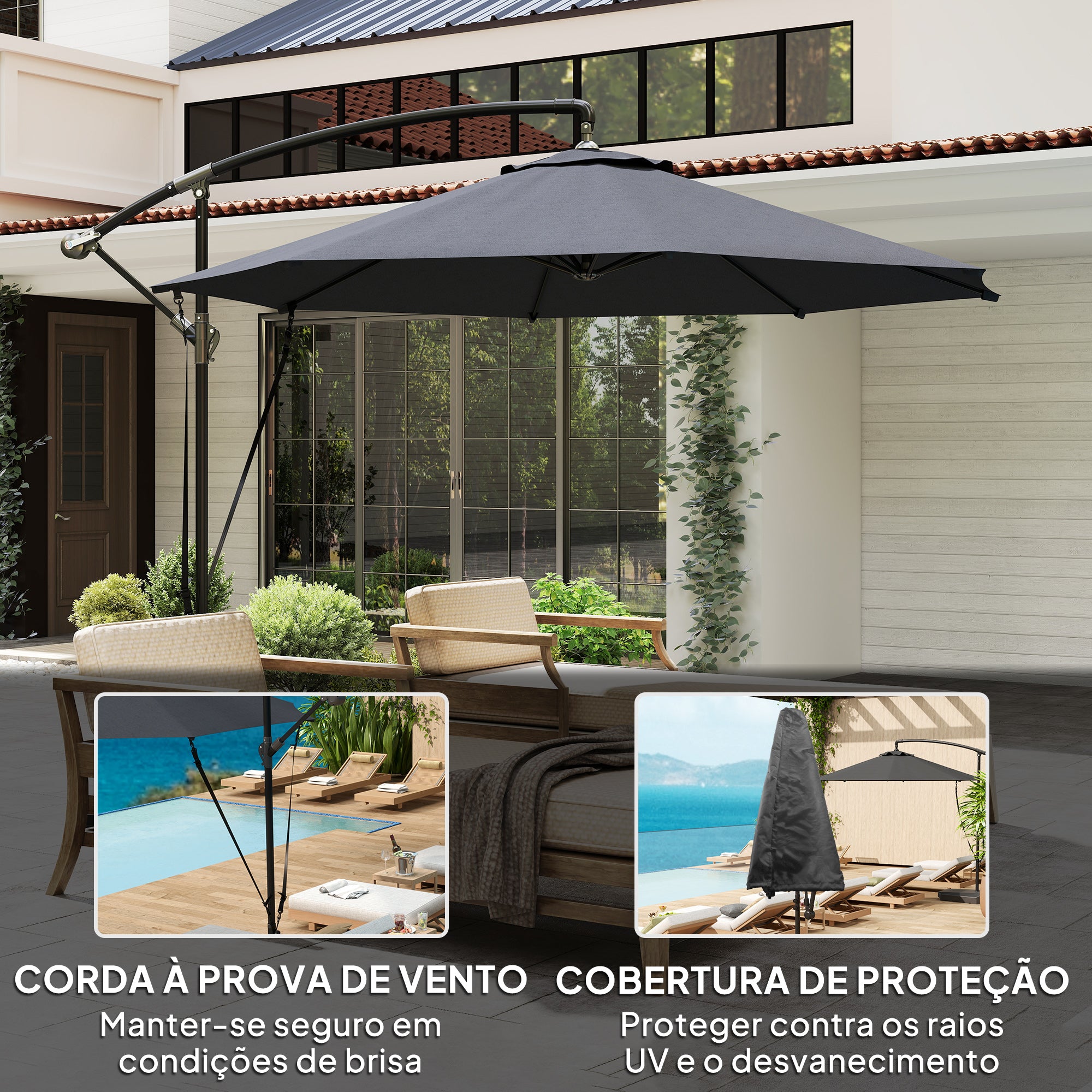 Chapéu de Sol Ø290x243 cm Cinzento para Jardim com Base Cruzada e Manivela