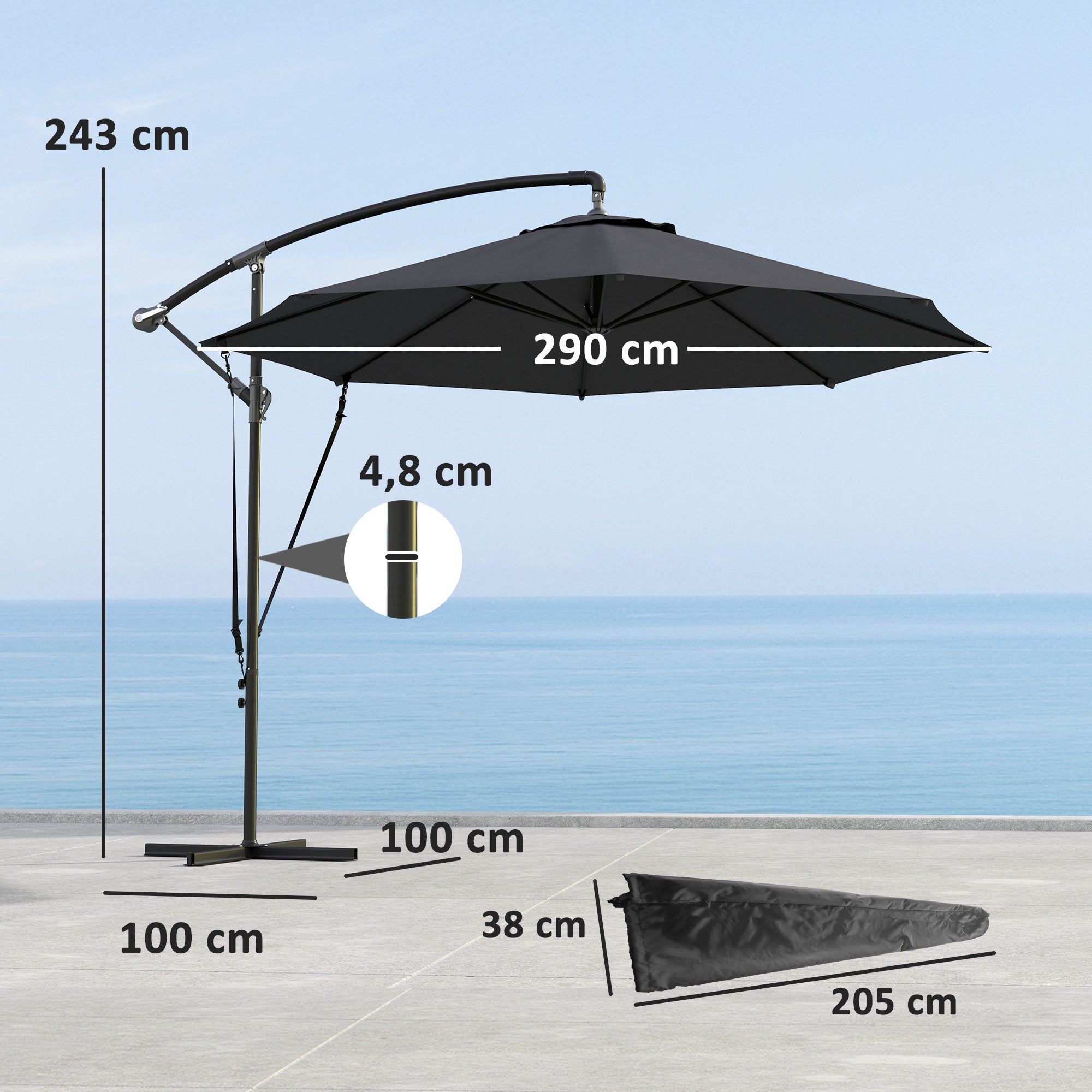 Chapéu de Sol Ø290x243 cm Cinzento para Jardim com Base Cruzada e Manivela