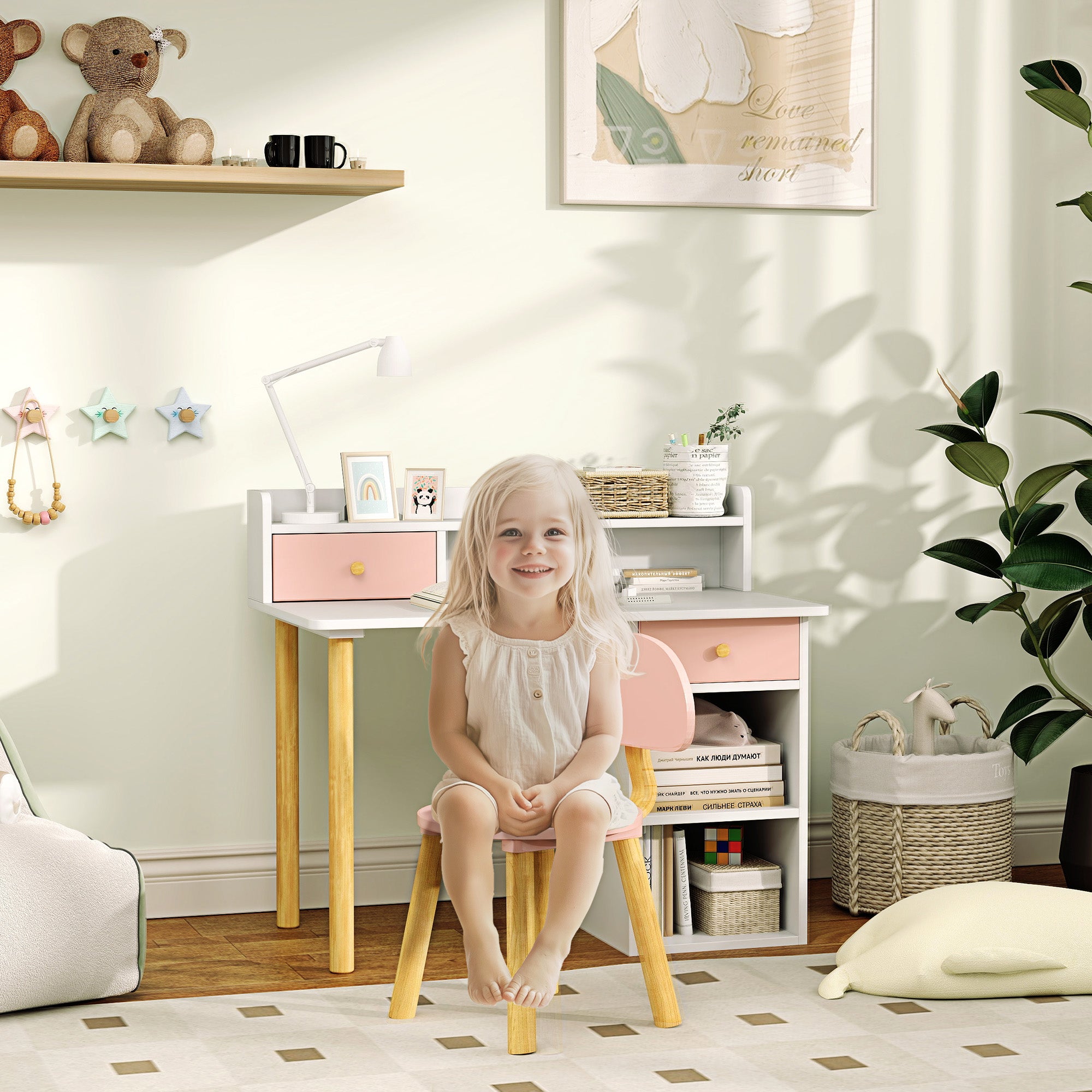 Conjunto Secretária e Cadeira Infantil 85x48x73 cm Branco e Rosa