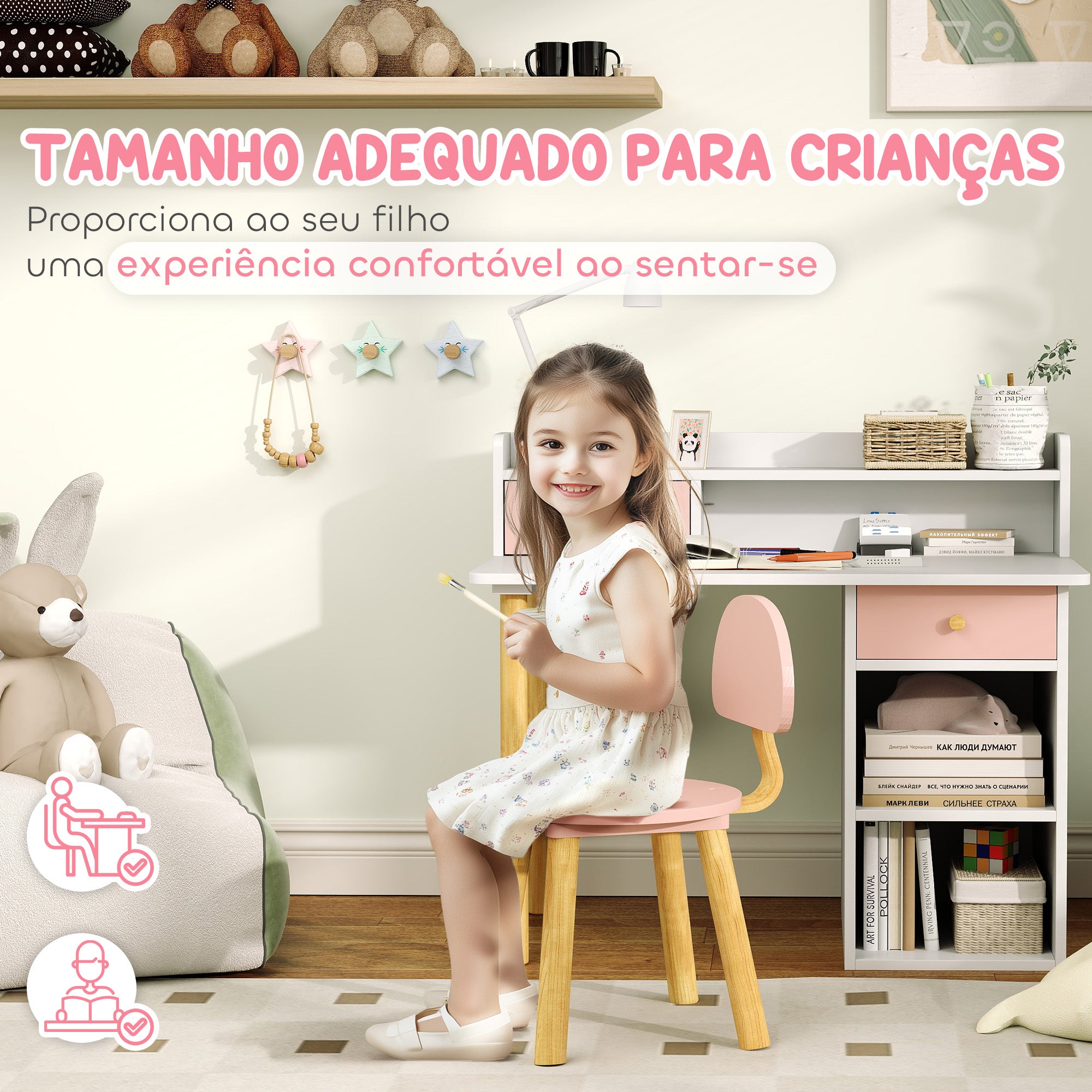Conjunto Secretária e Cadeira Infantil 85x48x73 cm Branco e Rosa