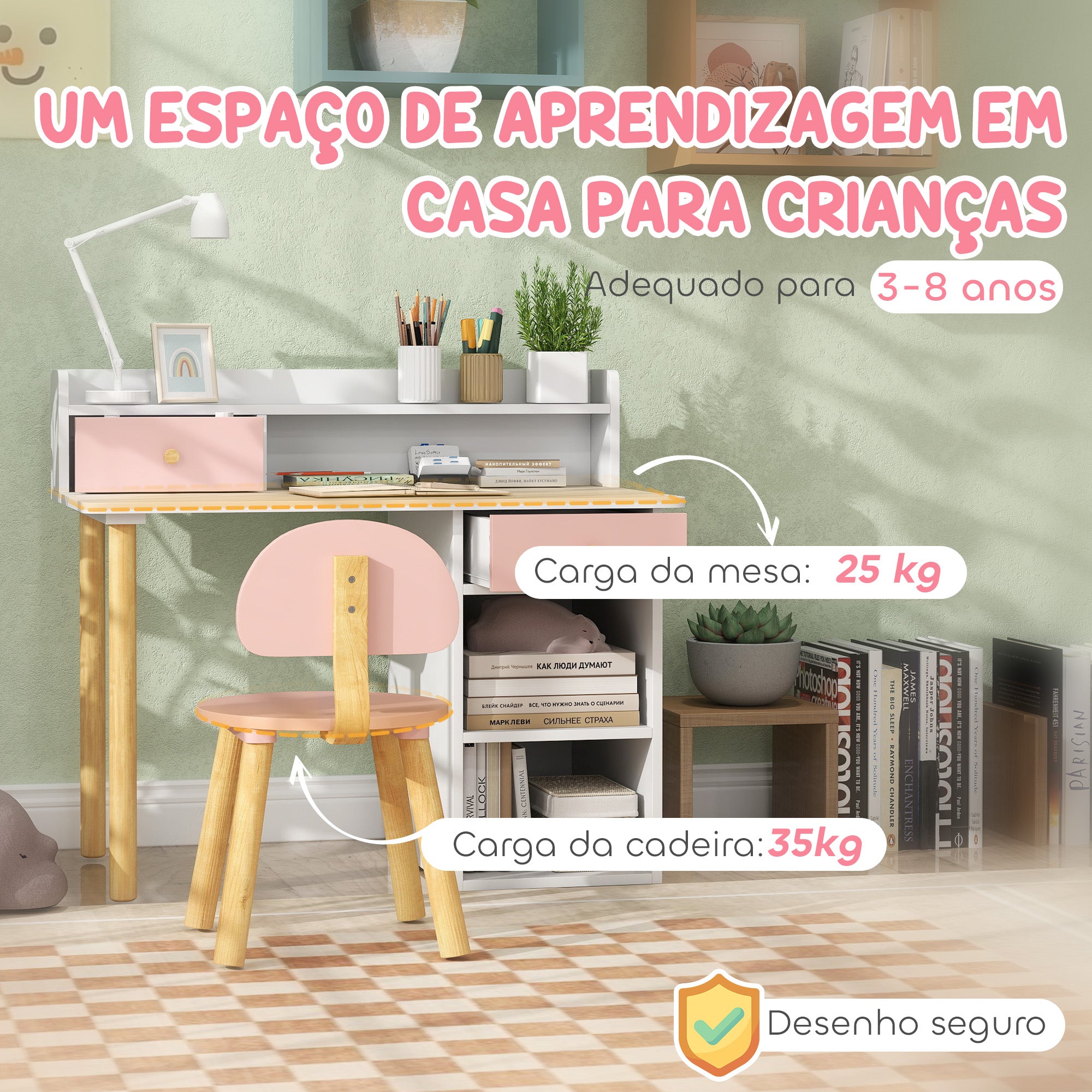 Conjunto Secretária e Cadeira Infantil 85x48x73 cm Branco e Rosa