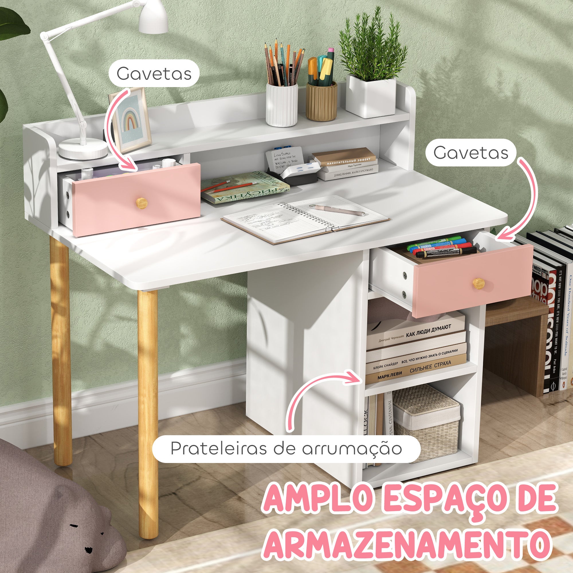 Conjunto Secretária e Cadeira Infantil 85x48x73 cm Branco e Rosa