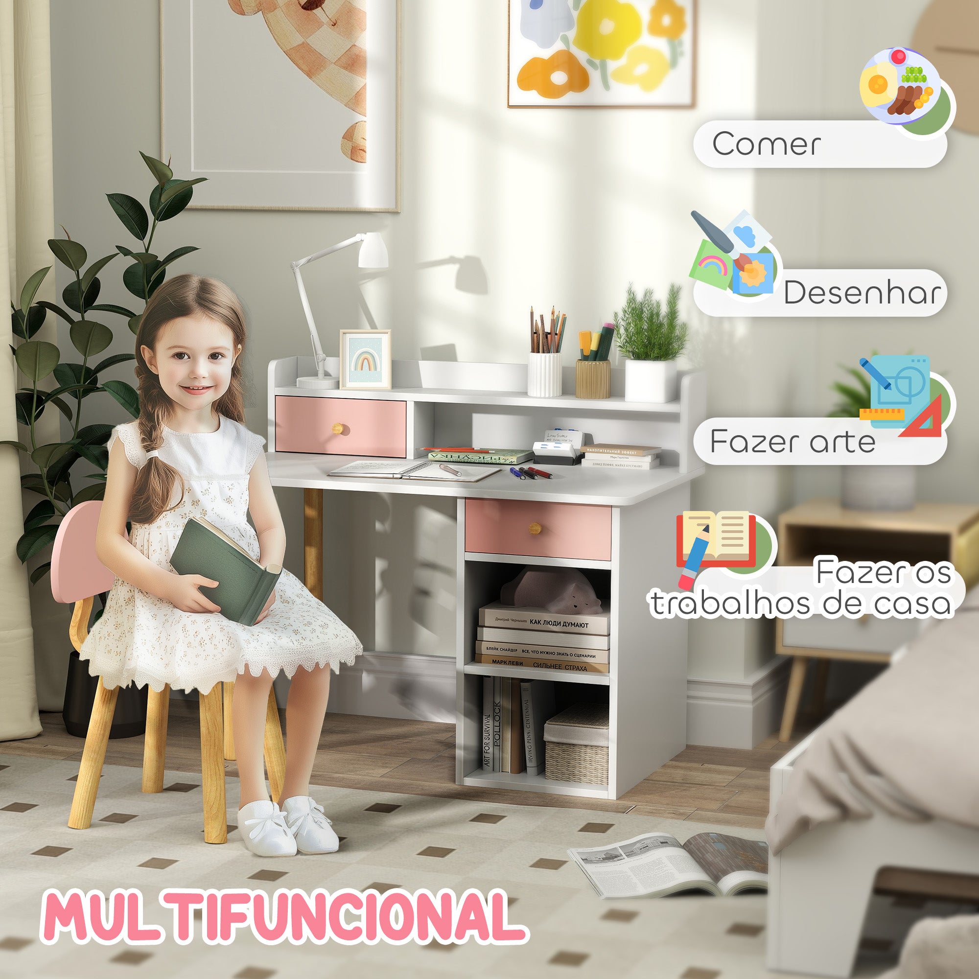 Conjunto Secretária e Cadeira Infantil 85x48x73 cm Branco e Rosa