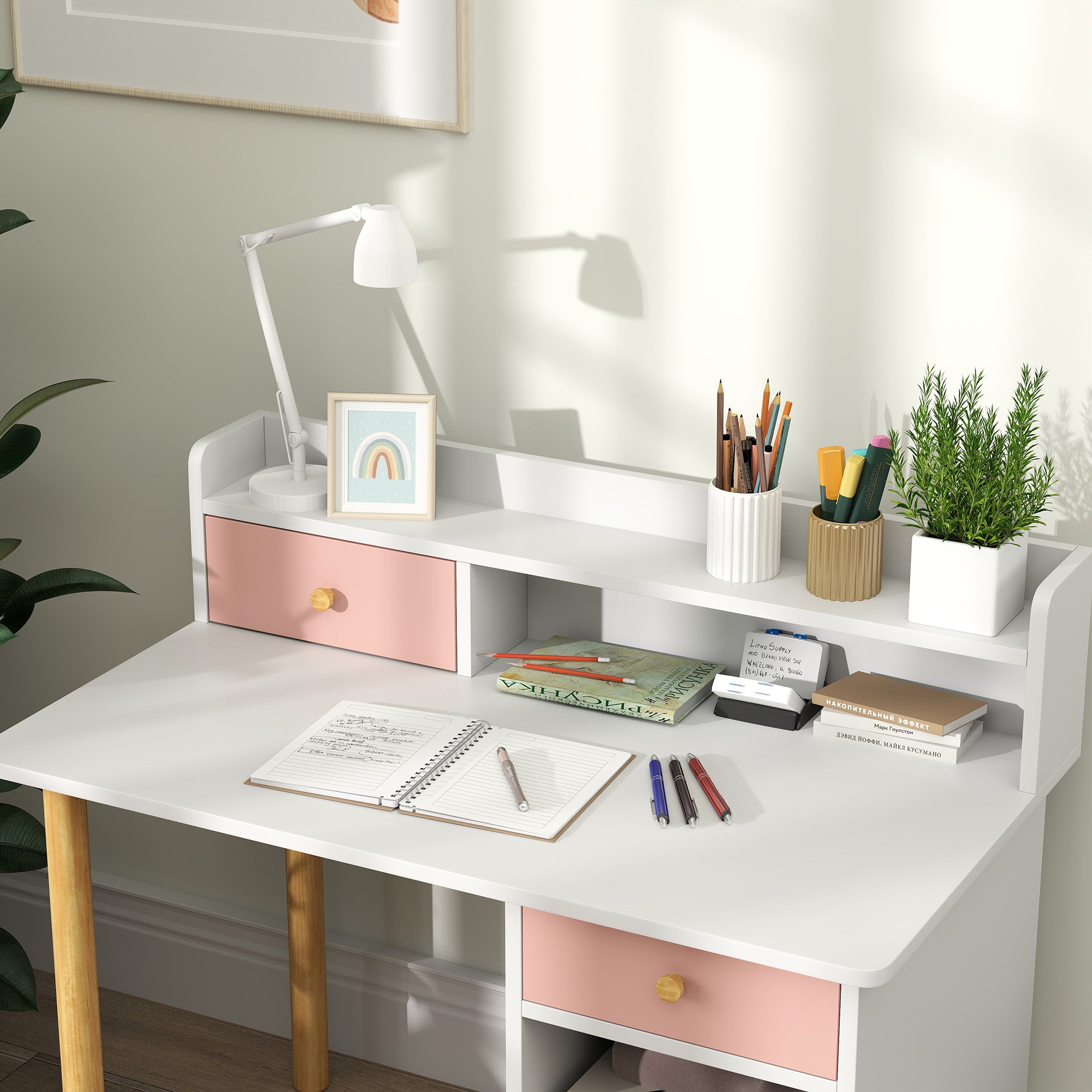 Conjunto Secretária e Cadeira Infantil 85x48x73 cm Branco e Rosa