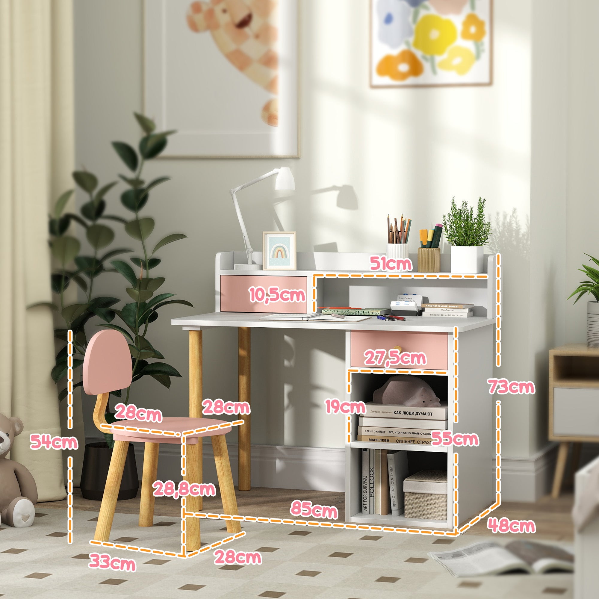 Conjunto Secretária e Cadeira Infantil 85x48x73 cm Branco e Rosa