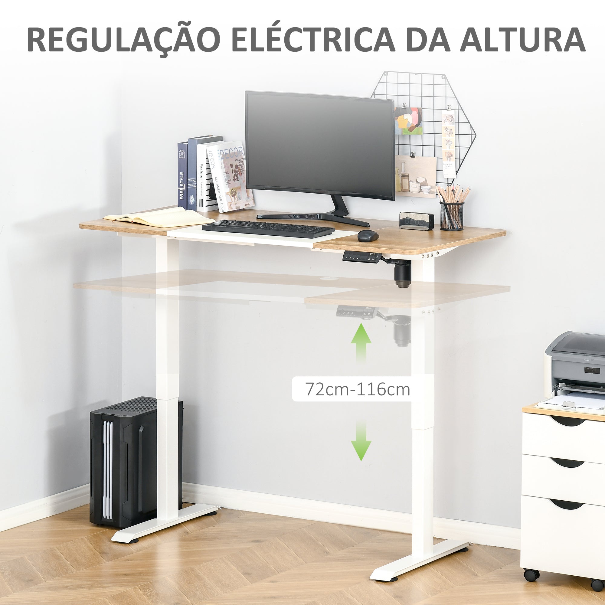 Secretária Elétrica de Pé 140x70x72-116 cm Branco e Natural