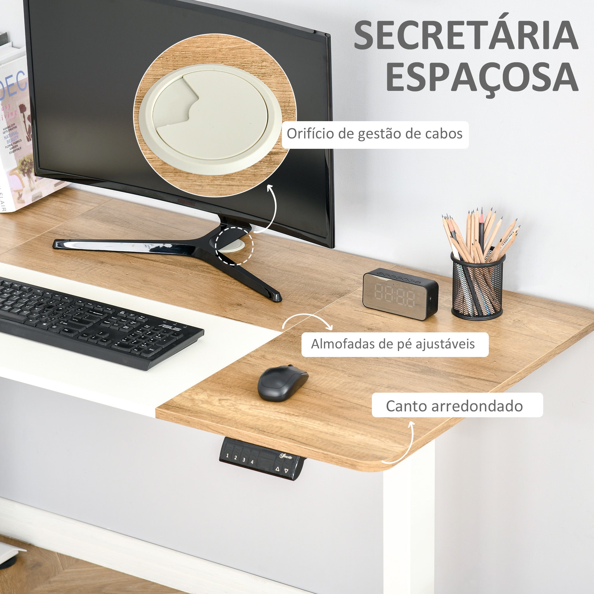 Secretária Elétrica de Pé 140x70x72-116 cm Branco e Natural