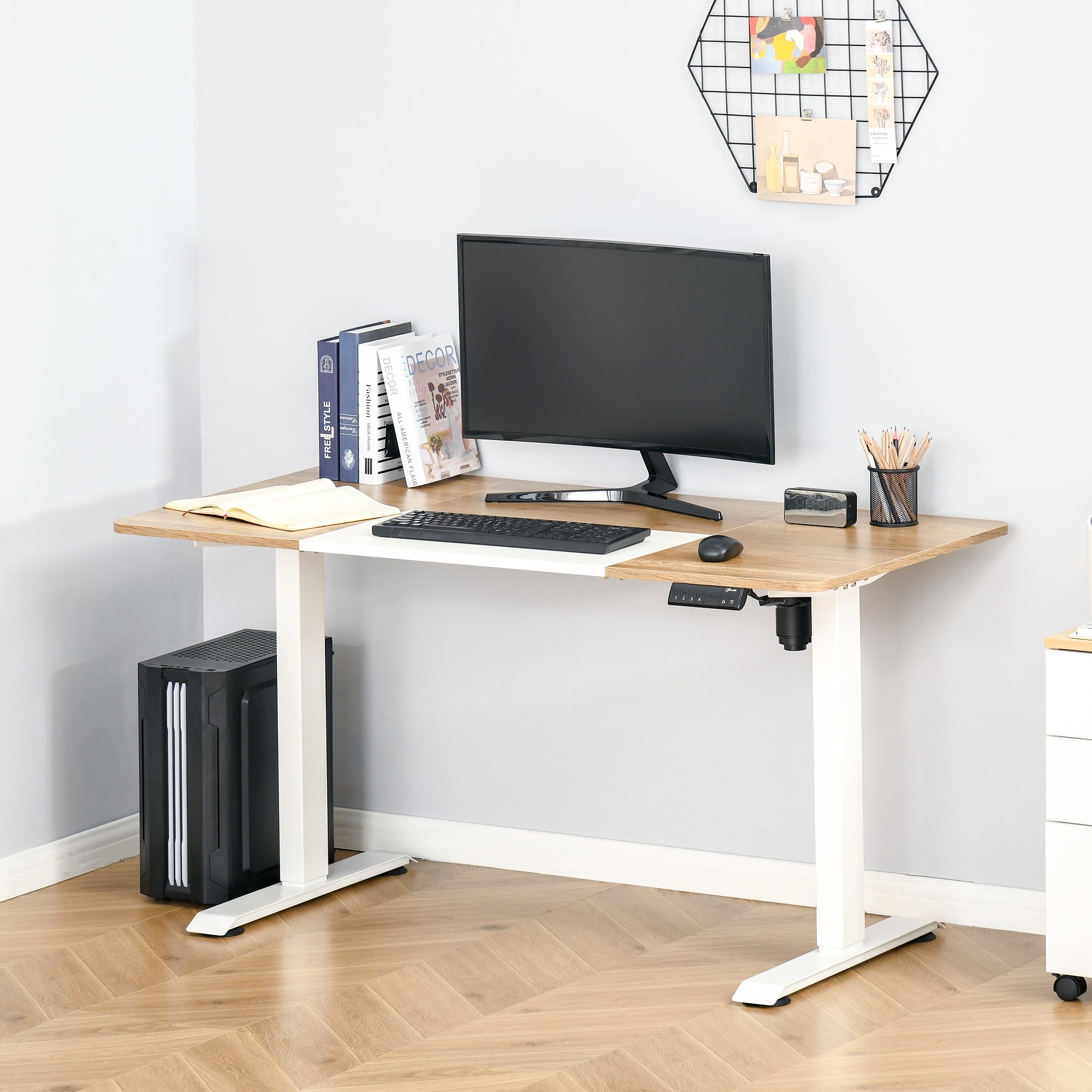Secretária Elétrica de Pé 140x70x72-116 cm Branco e Natural