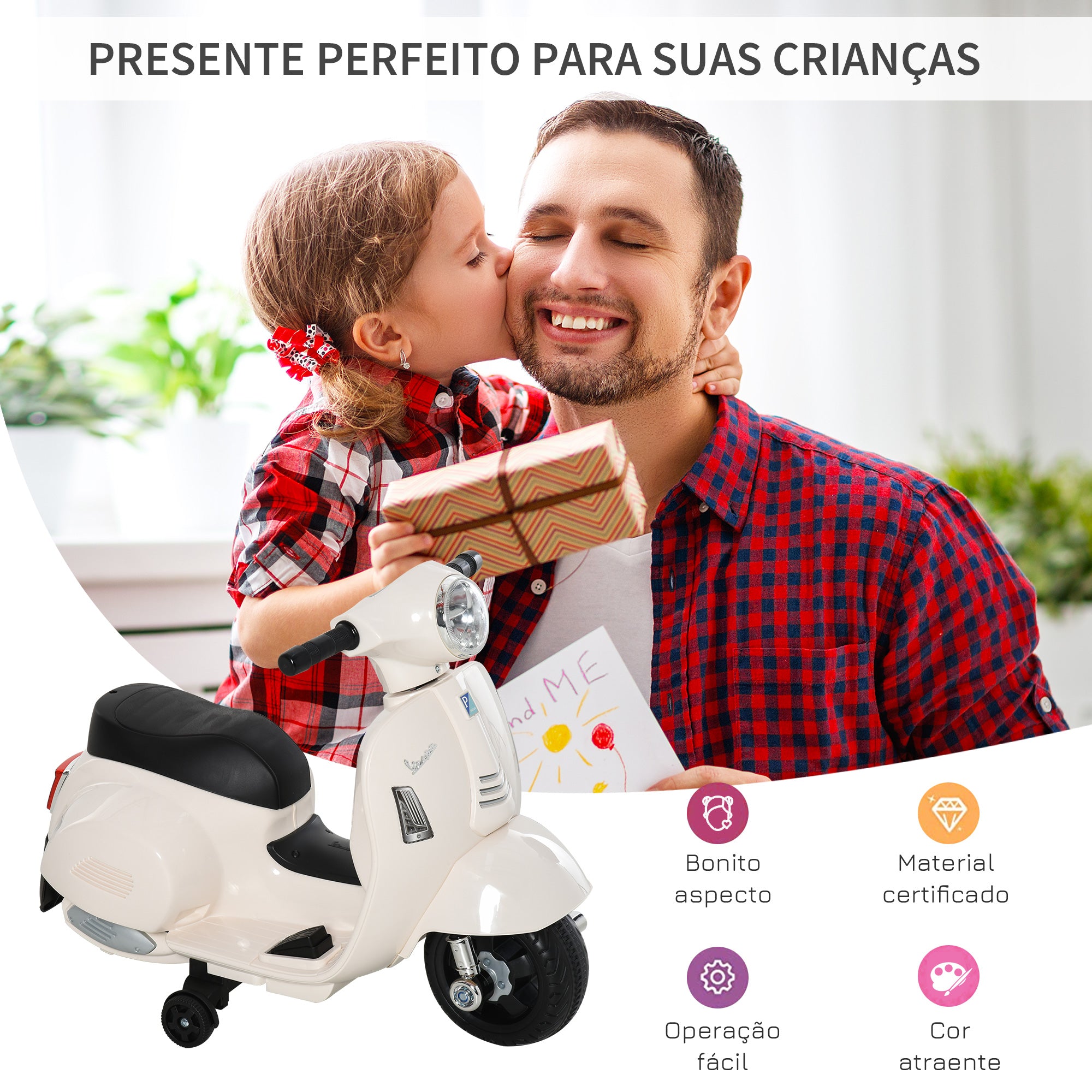 Mota Elétrica Infantil com 4 Rodas – 66,5x38x52 cm – Branco – PP e metal