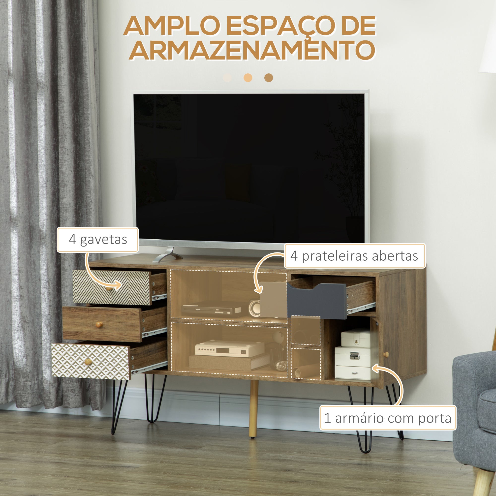 Móvel de TV com Prateleira de Armazenamento 4 Gavetas e Pés de Metal 120x39x64cm Marrom