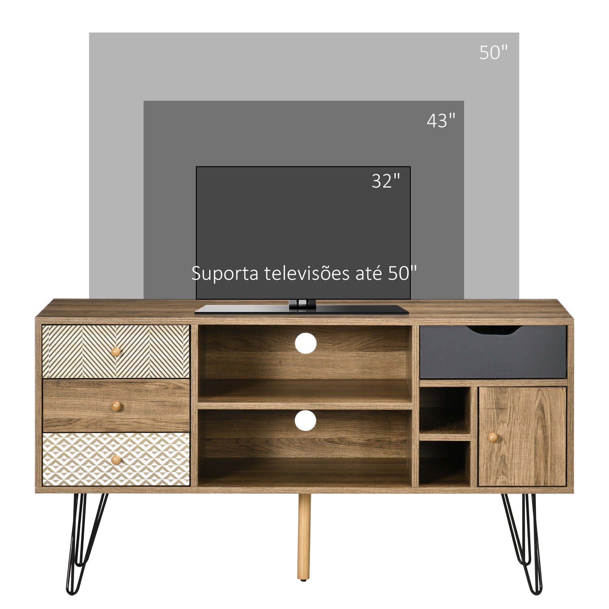 Móvel de TV com Prateleira de Armazenamento 4 Gavetas e Pés de Metal 120x39x64cm Marrom