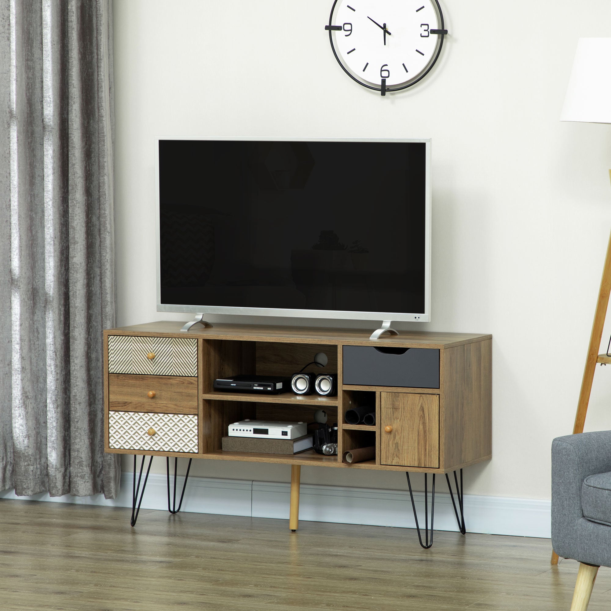 Móvel de TV com Prateleira de Armazenamento 4 Gavetas e Pés de Metal 120x39x64cm Marrom