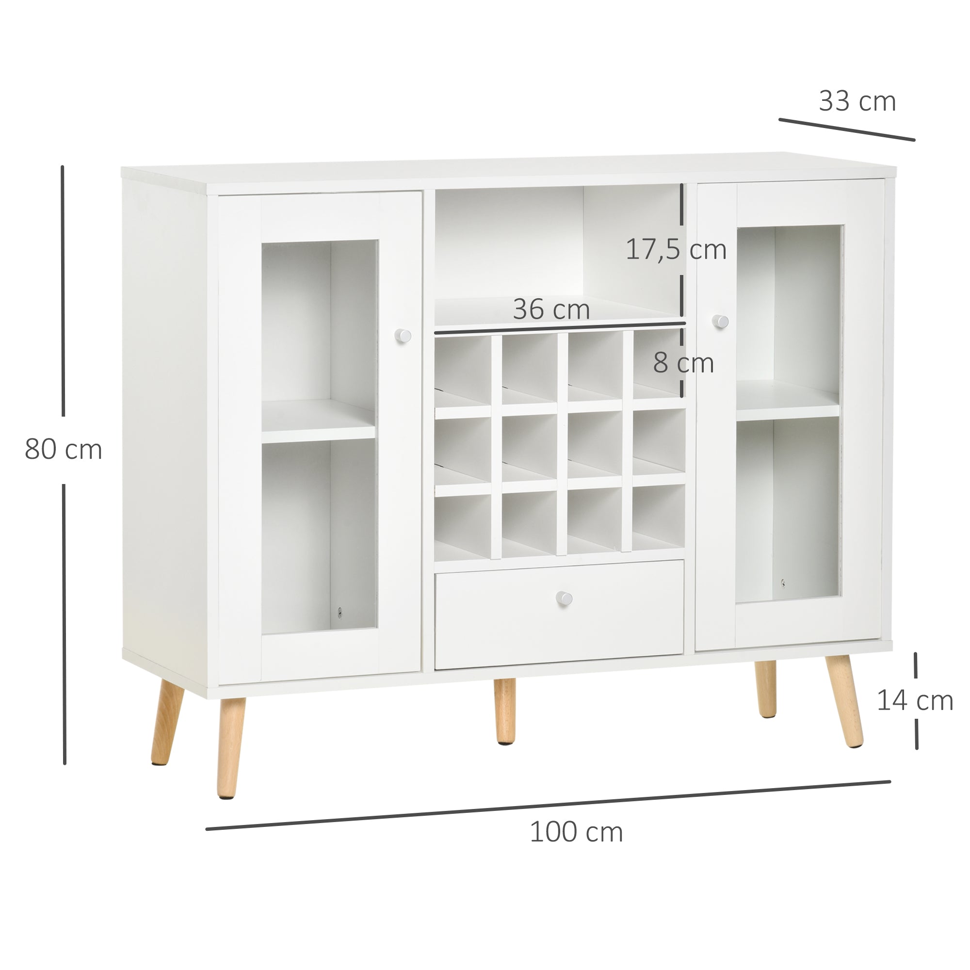 Aparador de Cozinha com 12 Suportes para Garrafas e Portas de Vidro Branco 100x33x80cm