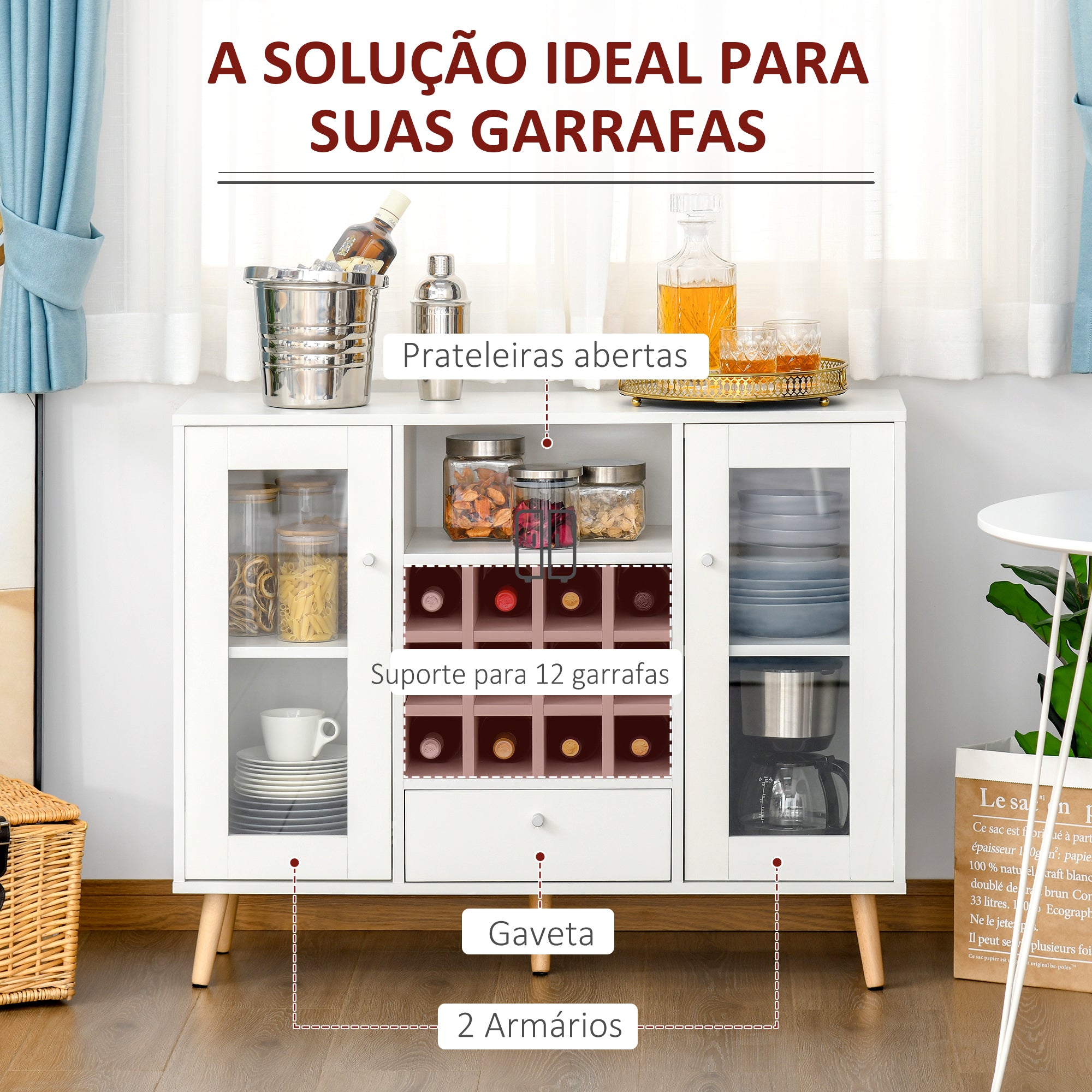Aparador de Cozinha com 12 Suportes para Garrafas e Portas de Vidro Branco 100x33x80cm