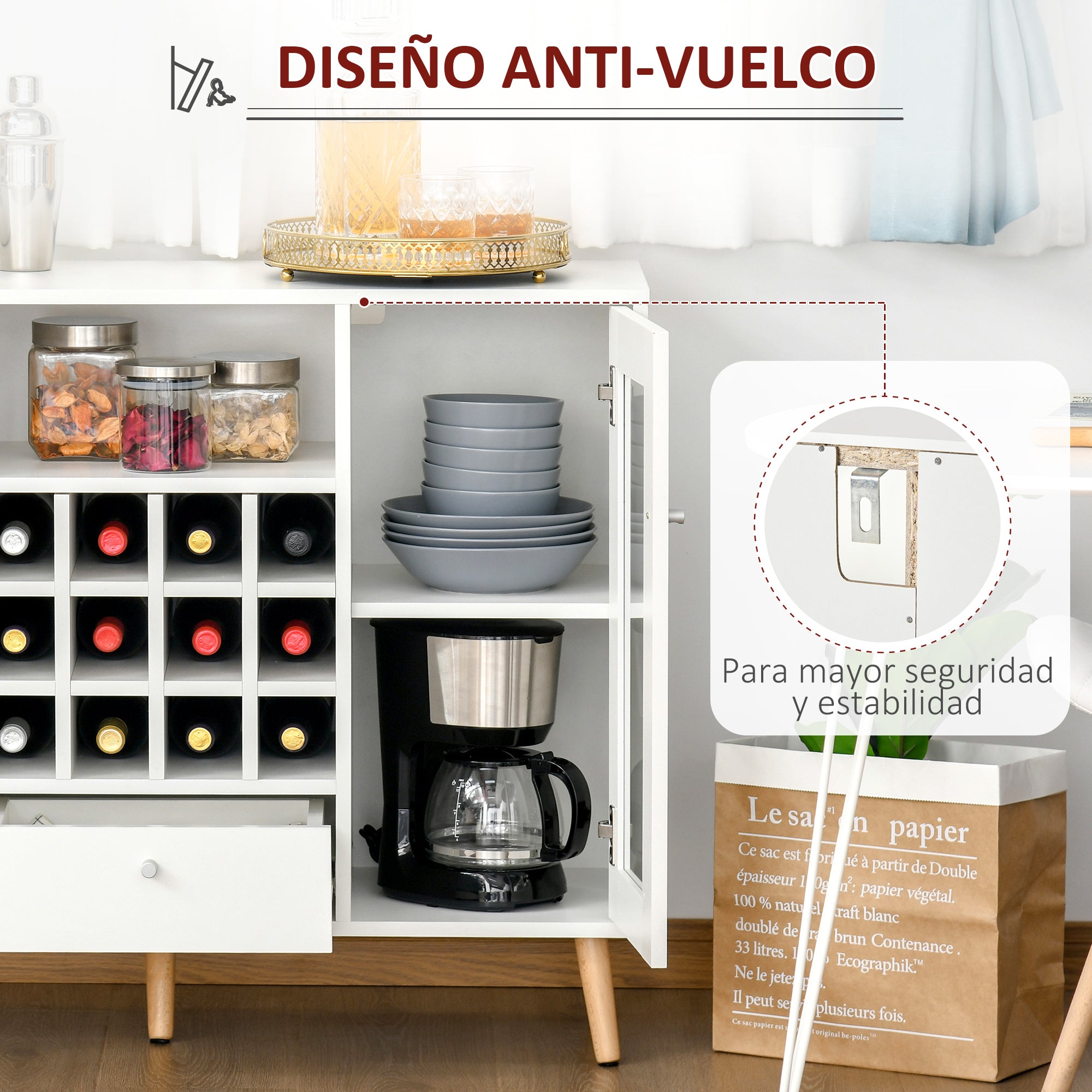 Aparador de Cozinha com 12 Suportes para Garrafas e Portas de Vidro Branco 100x33x80cm