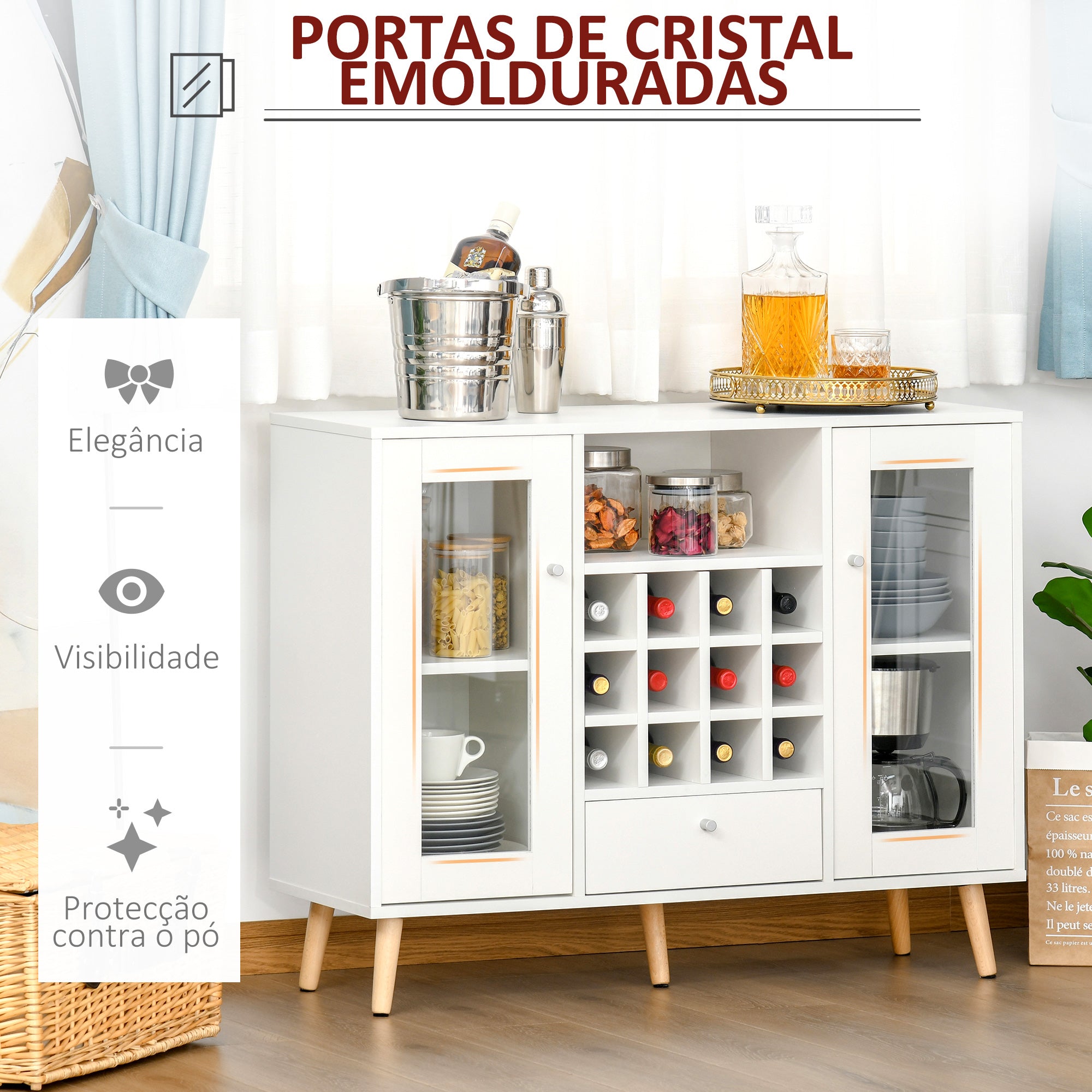 Aparador de Cozinha com 12 Suportes para Garrafas e Portas de Vidro Branco 100x33x80cm