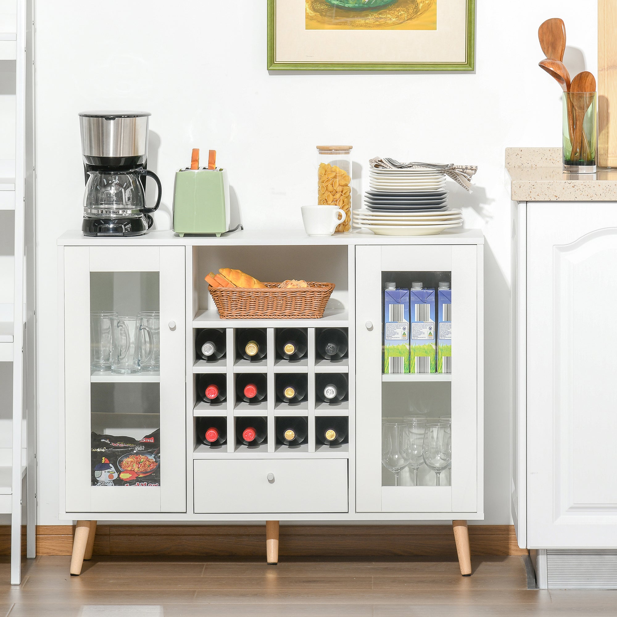 Aparador de Cozinha com 12 Suportes para Garrafas e Portas de Vidro Branco 100x33x80cm