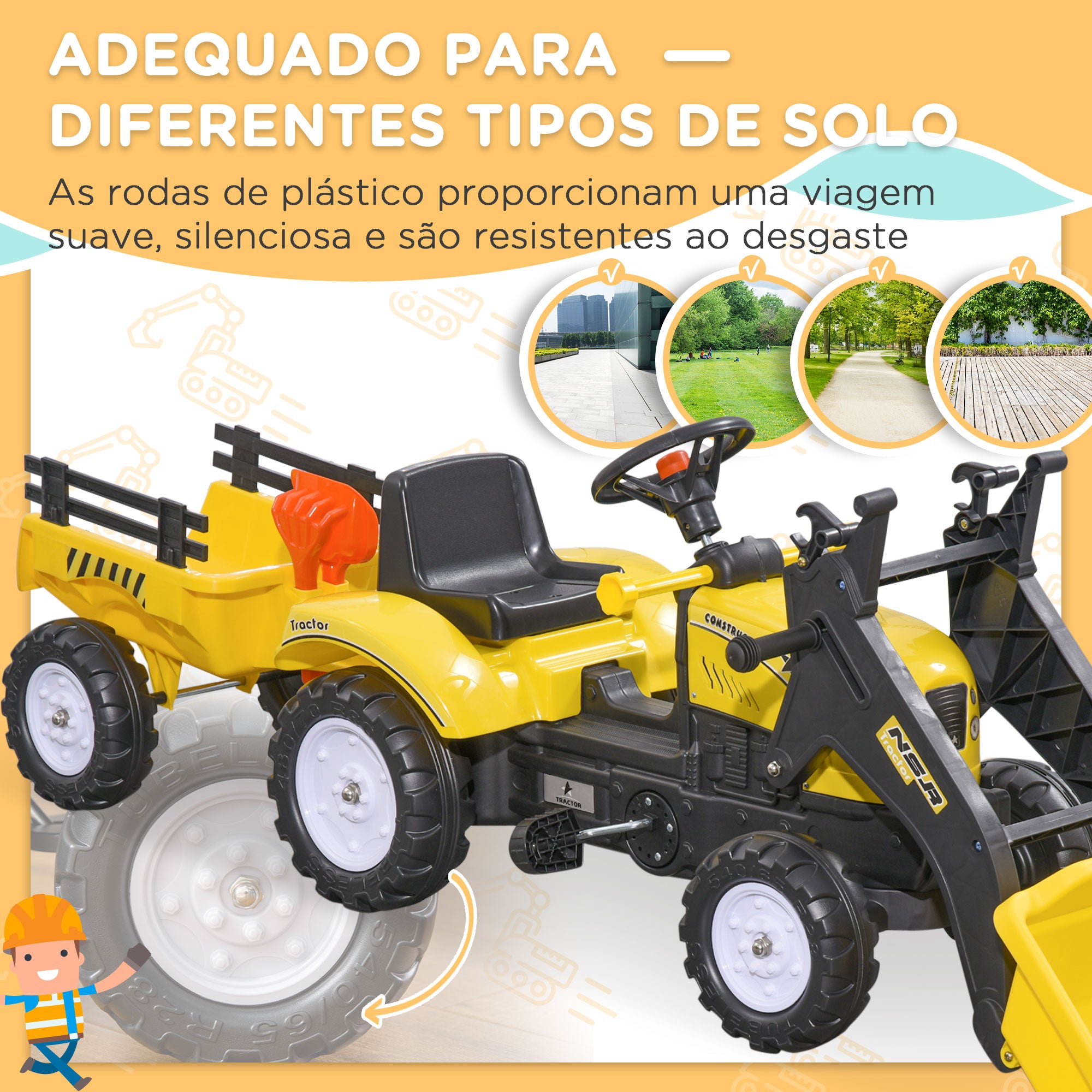 Trator a Pedais para Crianças Amarelo e Preto 167x41x52 cm