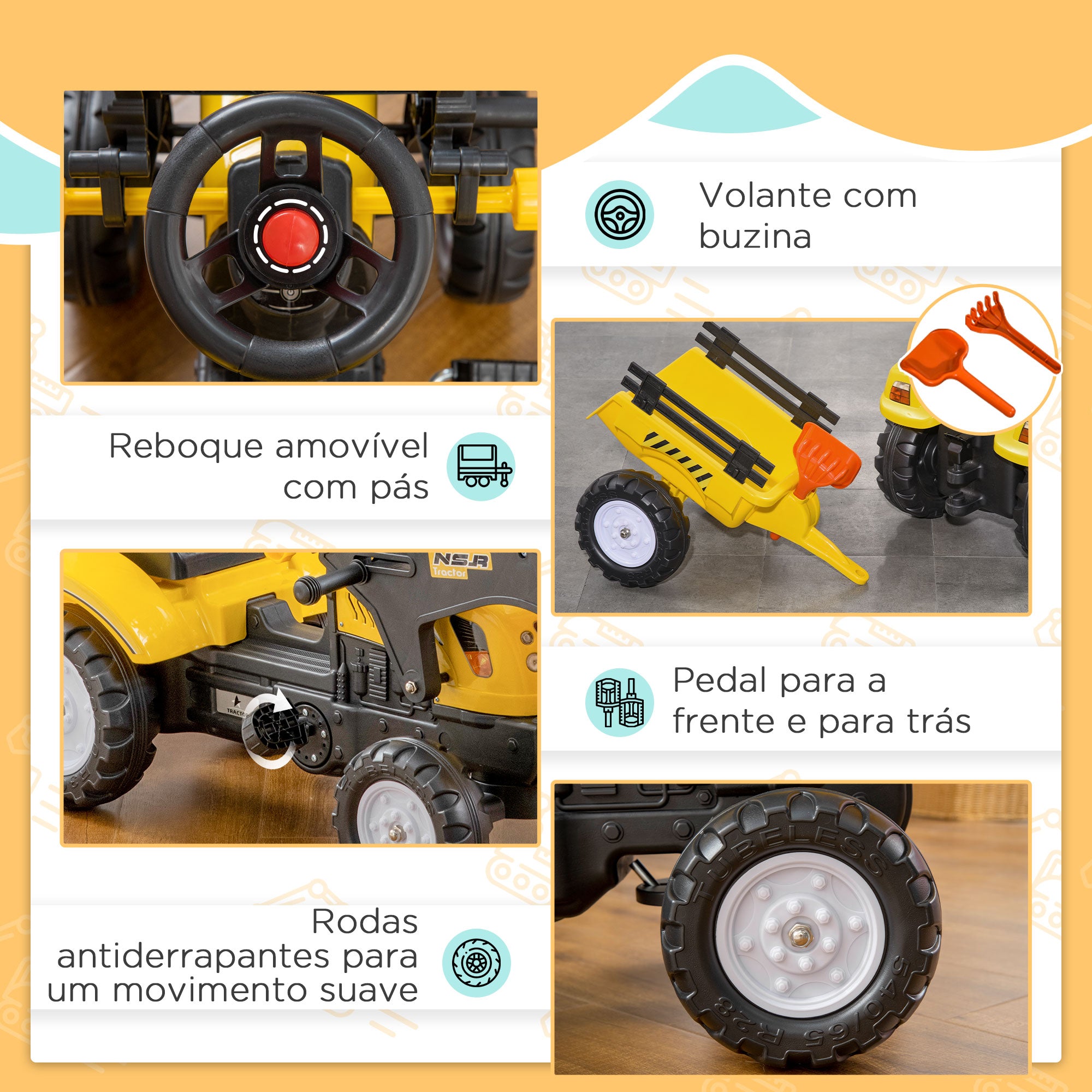 Trator a Pedais para Crianças Amarelo e Preto 167x41x52 cm