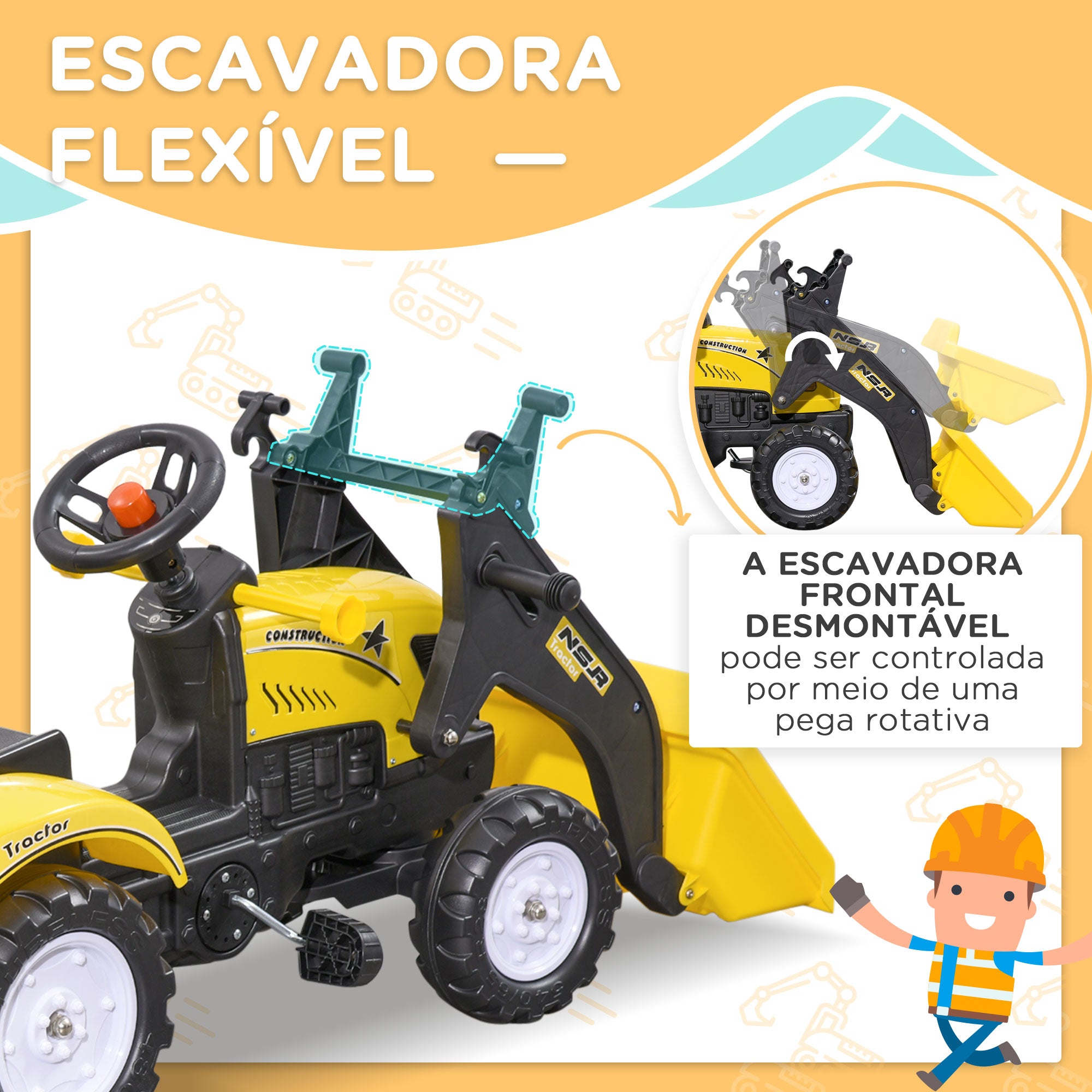 Trator a Pedais para Crianças Amarelo e Preto 167x41x52 cm
