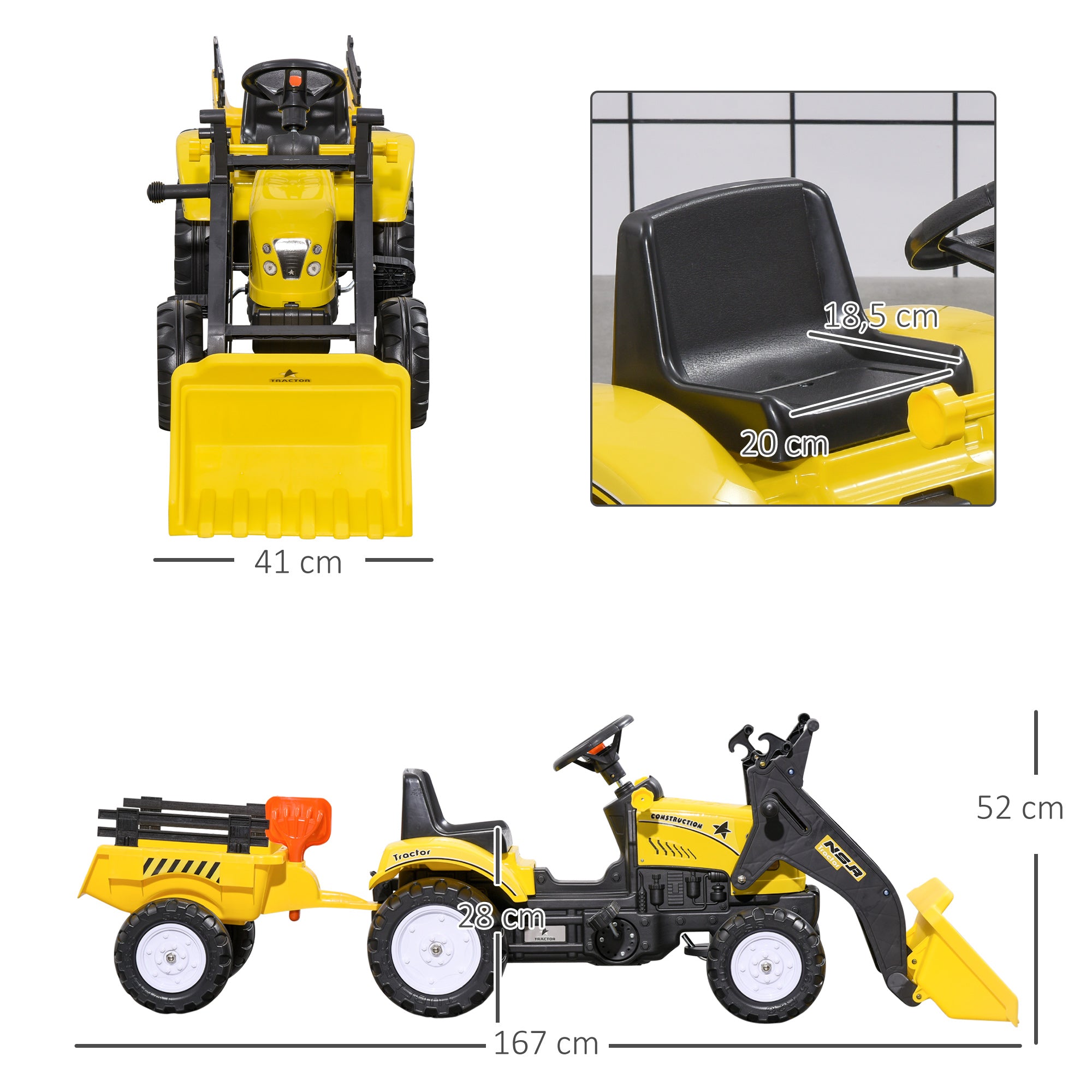 Trator a Pedais para Crianças Amarelo e Preto 167x41x52 cm
