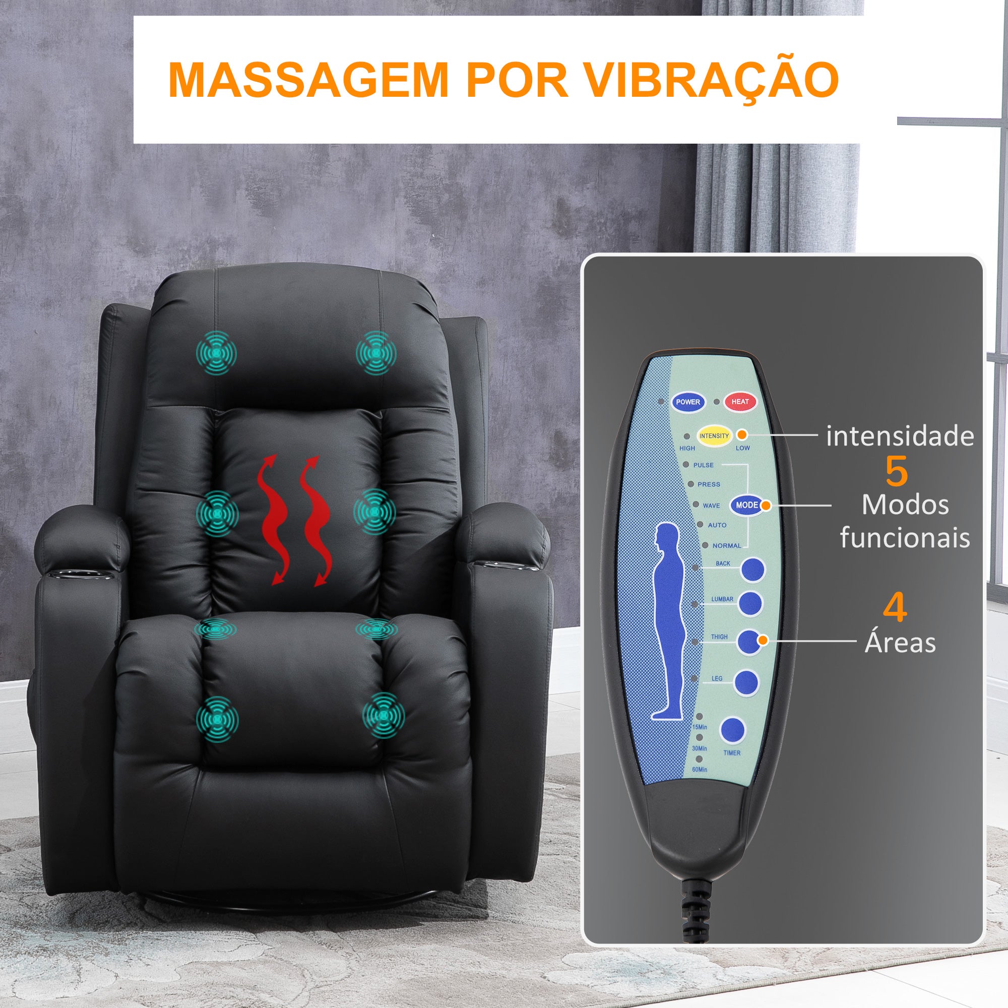 Poltrona Reclinável com Massagem Vibratória e Aquecimento 85x94x104 cm Preto
