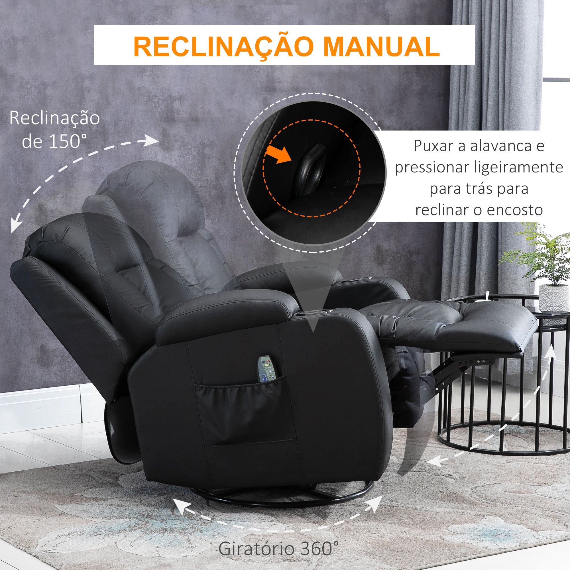 Poltrona Reclinável com Massagem Vibratória e Aquecimento 85x94x104 cm Preto
