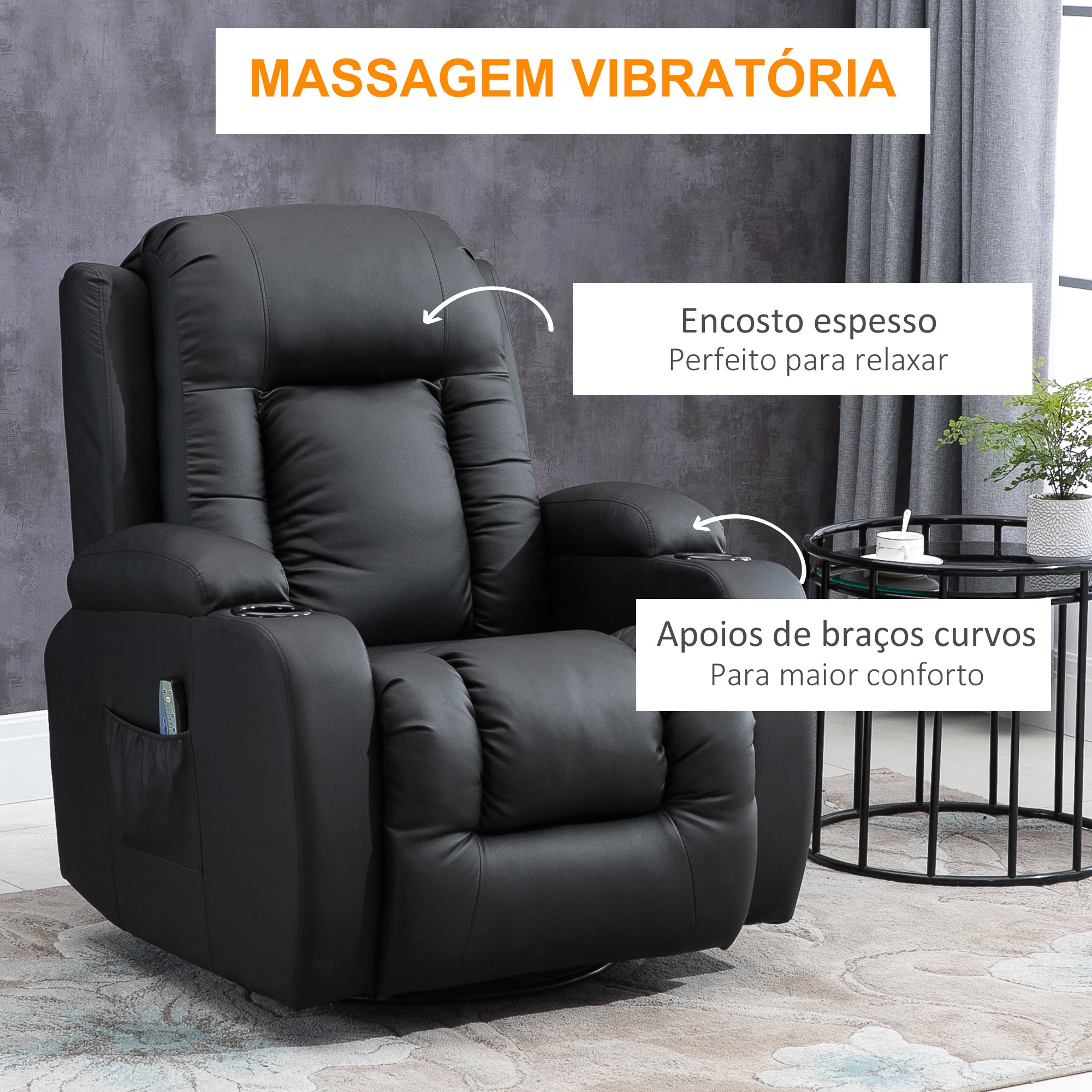 Poltrona Reclinável com Massagem Vibratória e Aquecimento 85x94x104 cm Preto