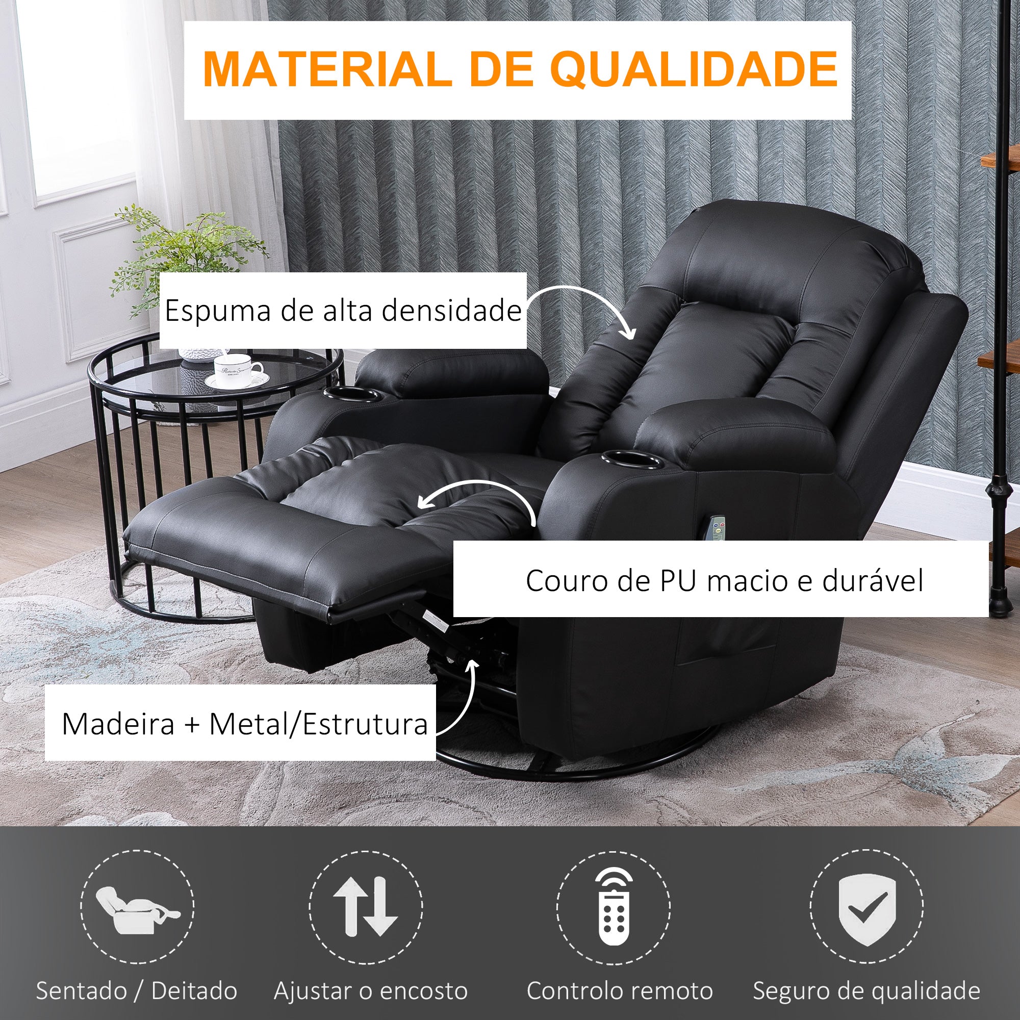 Poltrona Reclinável com Massagem Vibratória e Aquecimento 85x94x104 cm Preto