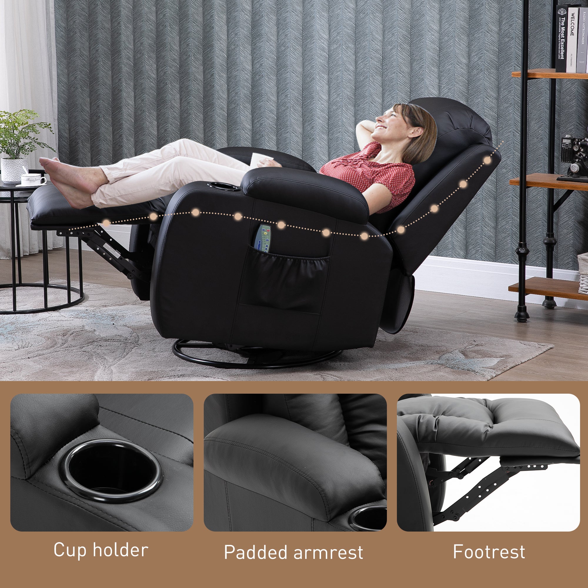 Poltrona Reclinável com Massagem Vibratória e Aquecimento 85x94x104 cm Preto