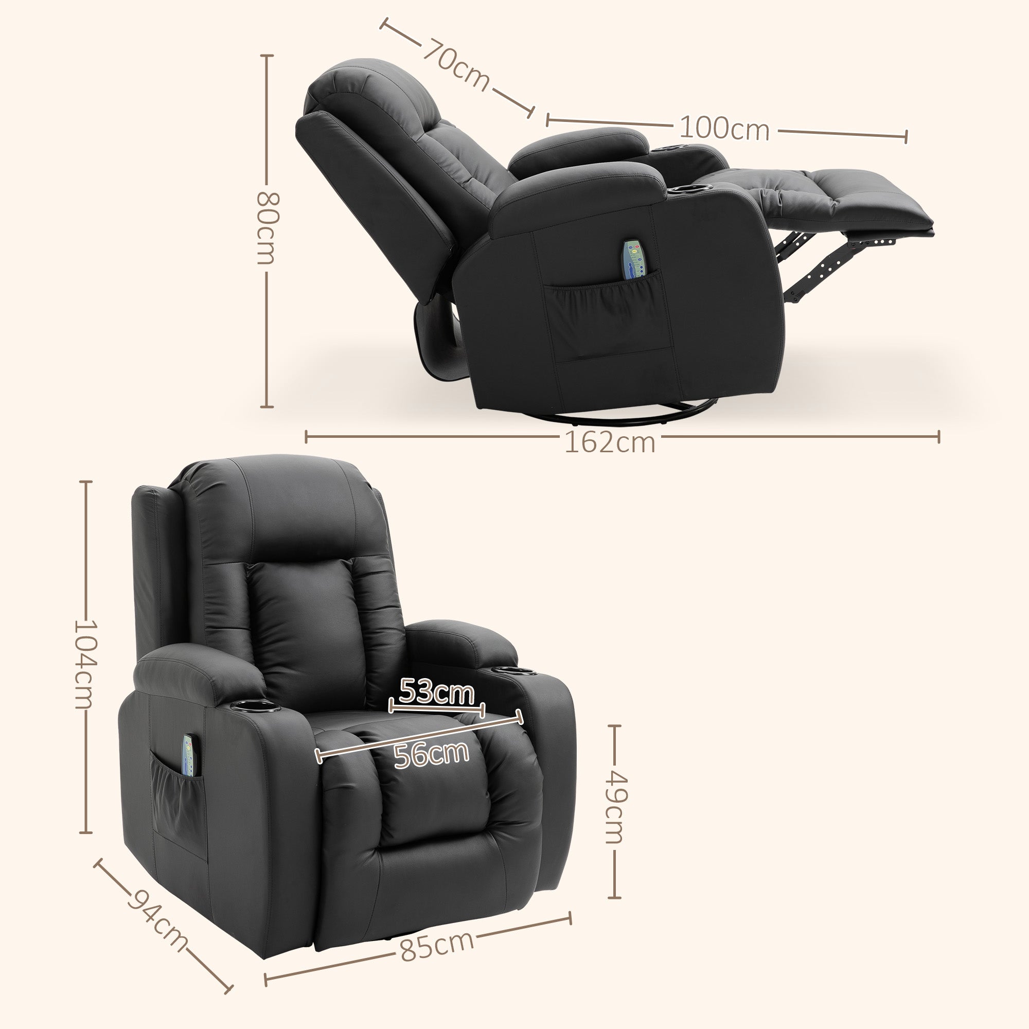 Poltrona Reclinável com Massagem Vibratória e Aquecimento 85x94x104 cm Preto