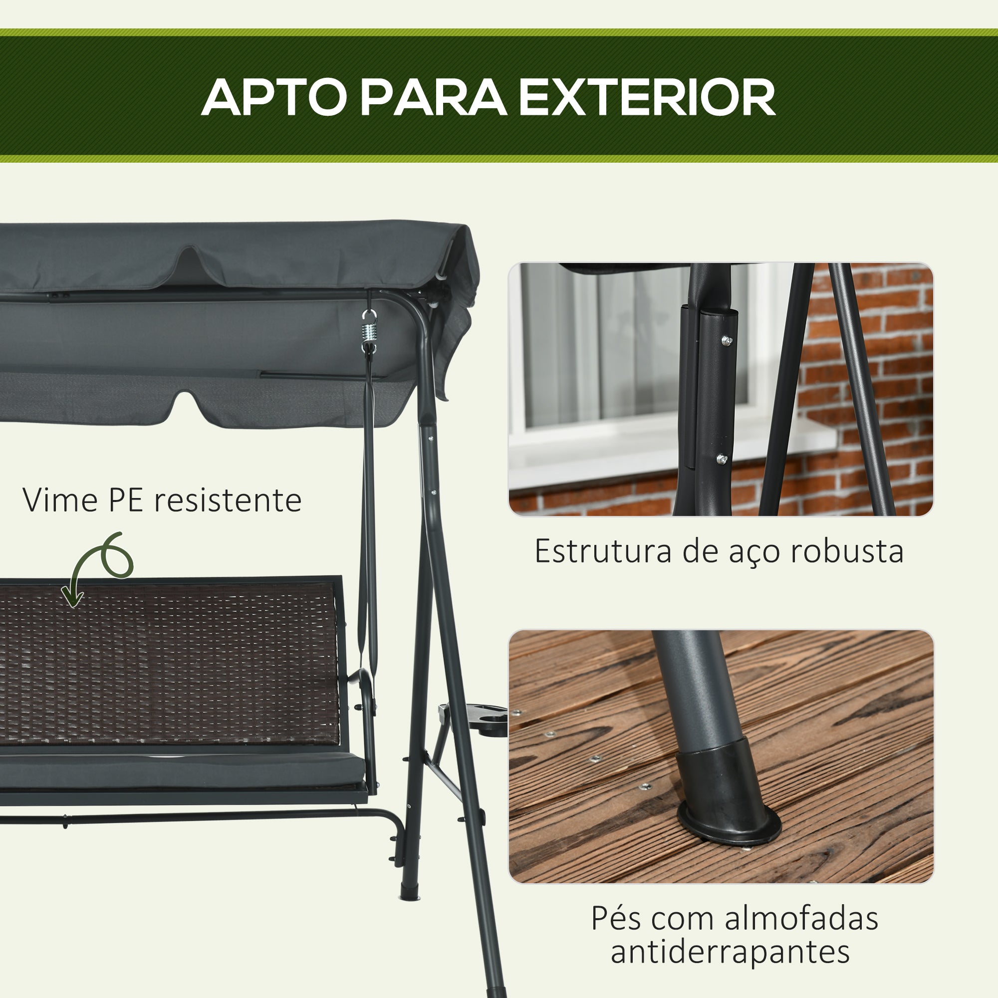 Baloiço de Jardim 3 Lugares - 204x112x150 cm - Cinza e Marrom
