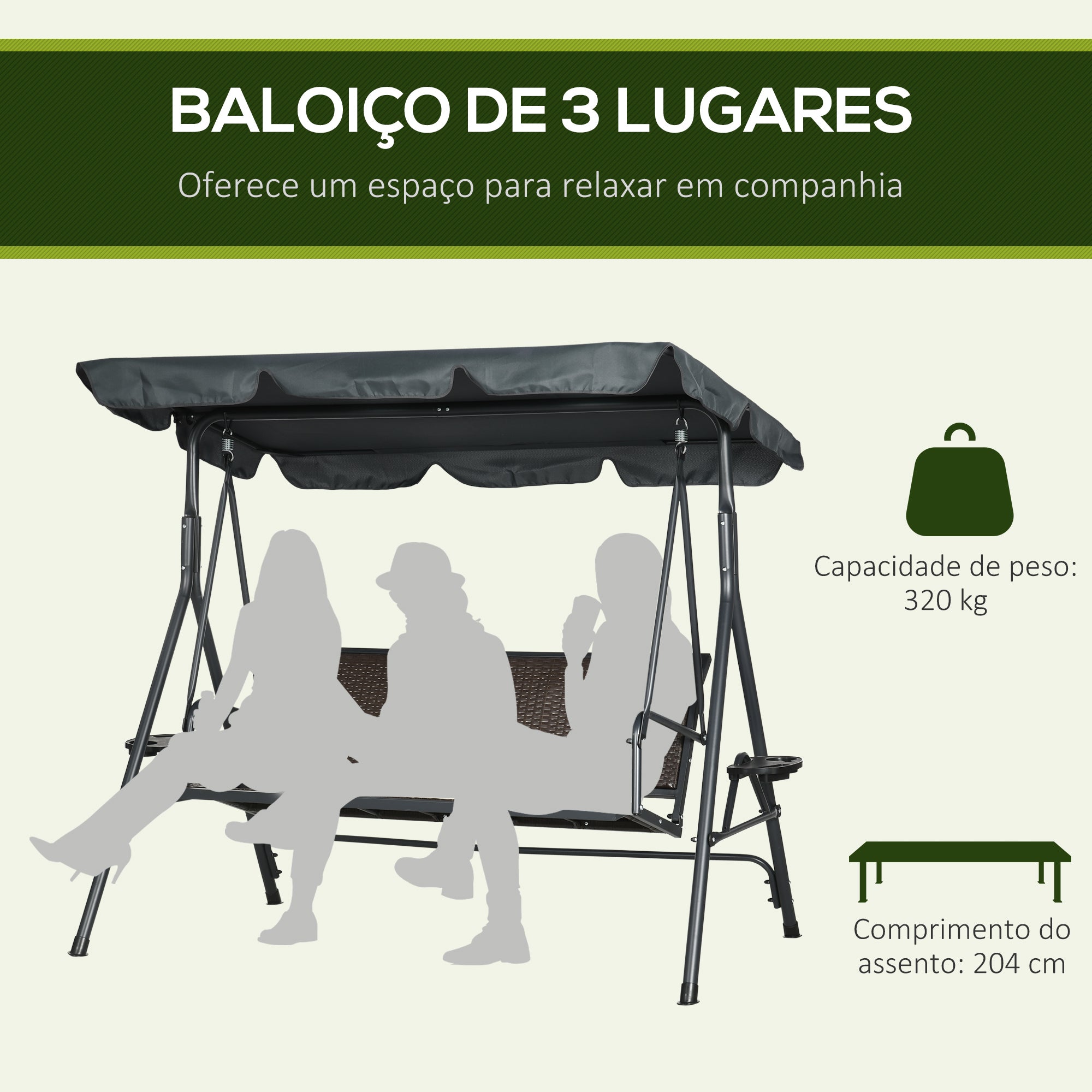 Baloiço de Jardim 3 Lugares - 204x112x150 cm - Cinza e Marrom