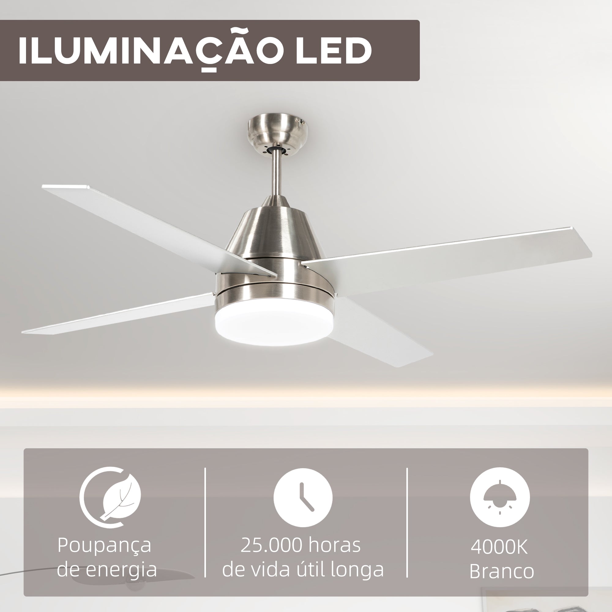 Ventoinha de Teto Prata Ø129x45 cm Motor DC Silencioso - Controlo Remoto e Temporizador