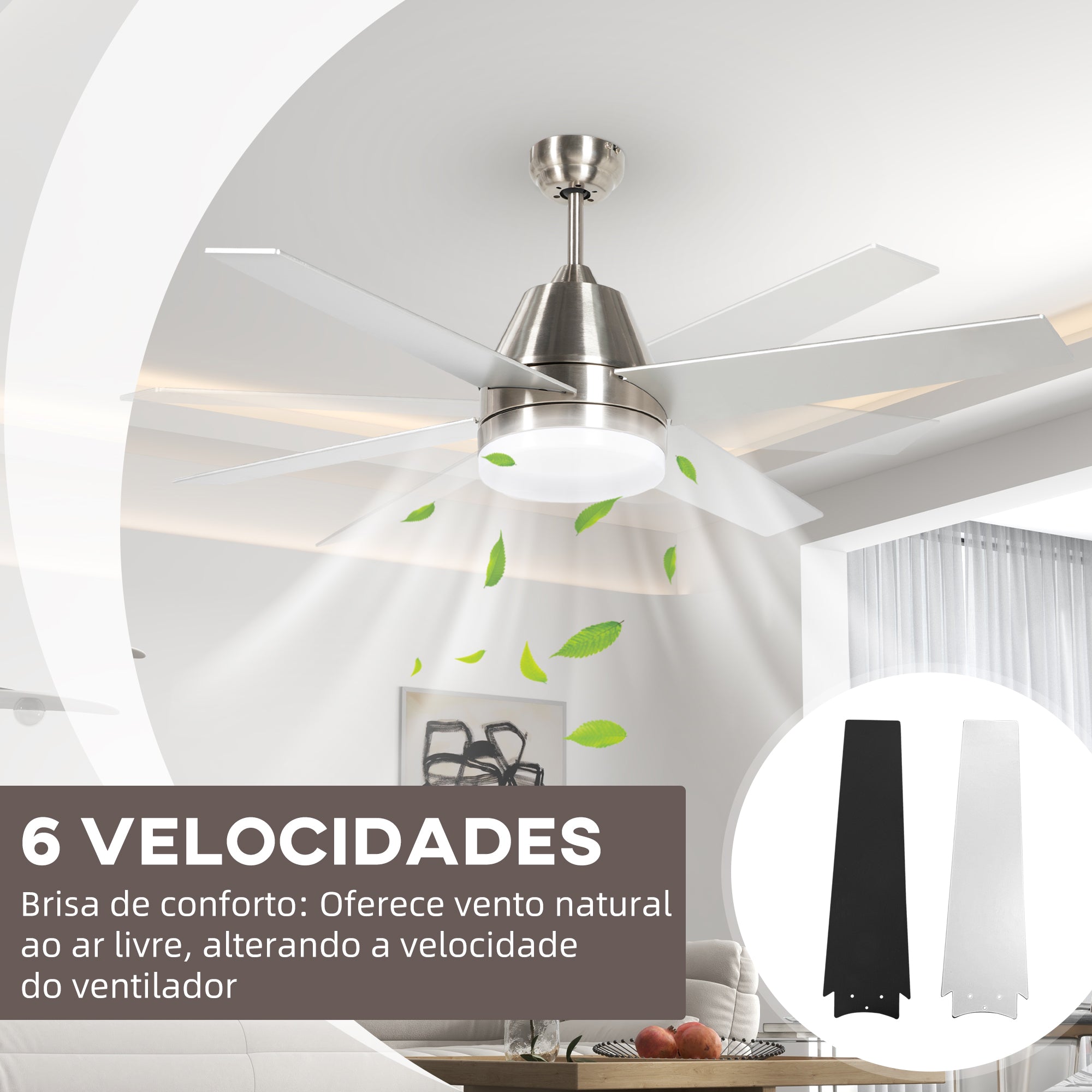 Ventoinha de Teto Prata Ø129x45 cm Motor DC Silencioso - Controlo Remoto e Temporizador