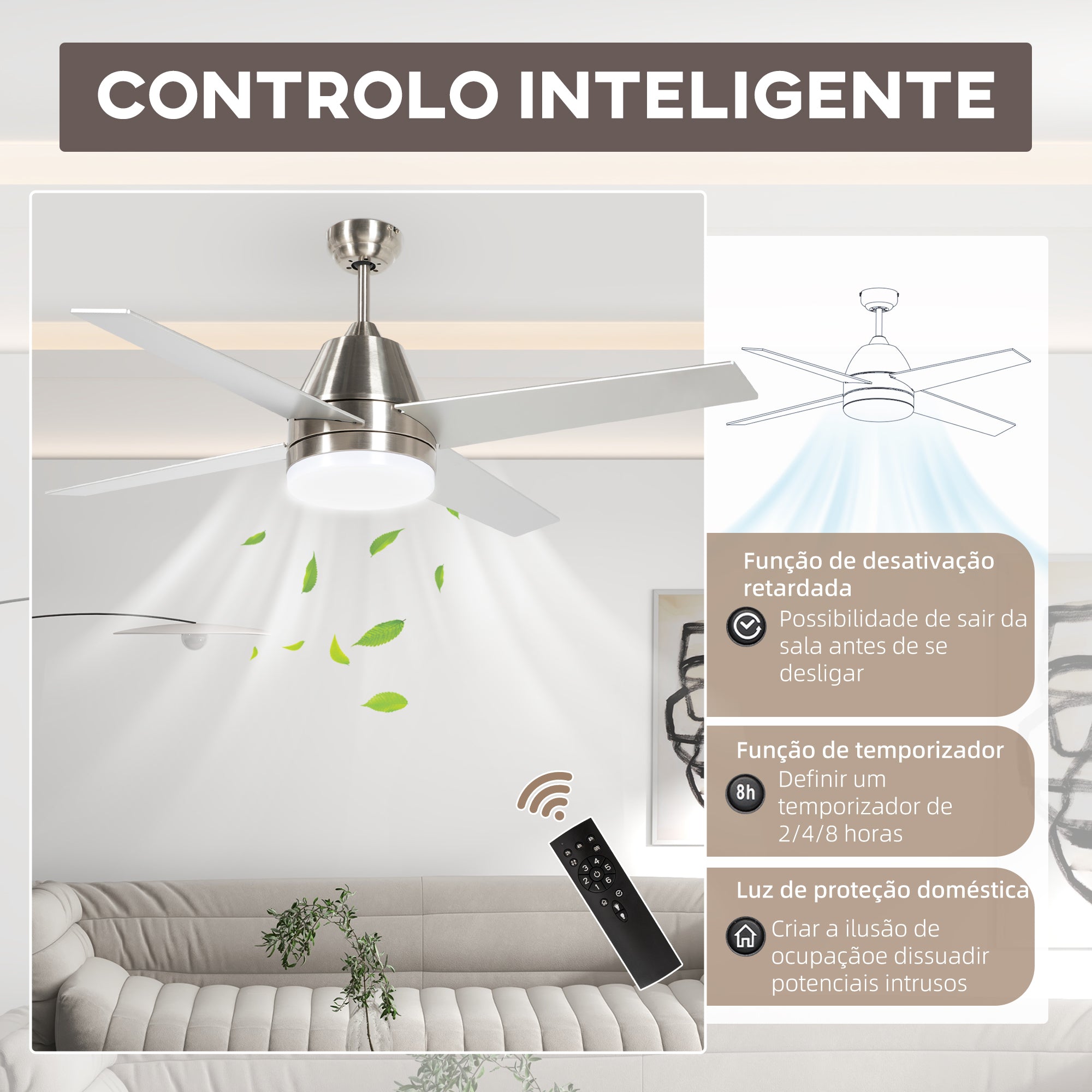 Ventoinha de Teto Prata Ø129x45 cm Motor DC Silencioso - Controlo Remoto e Temporizador