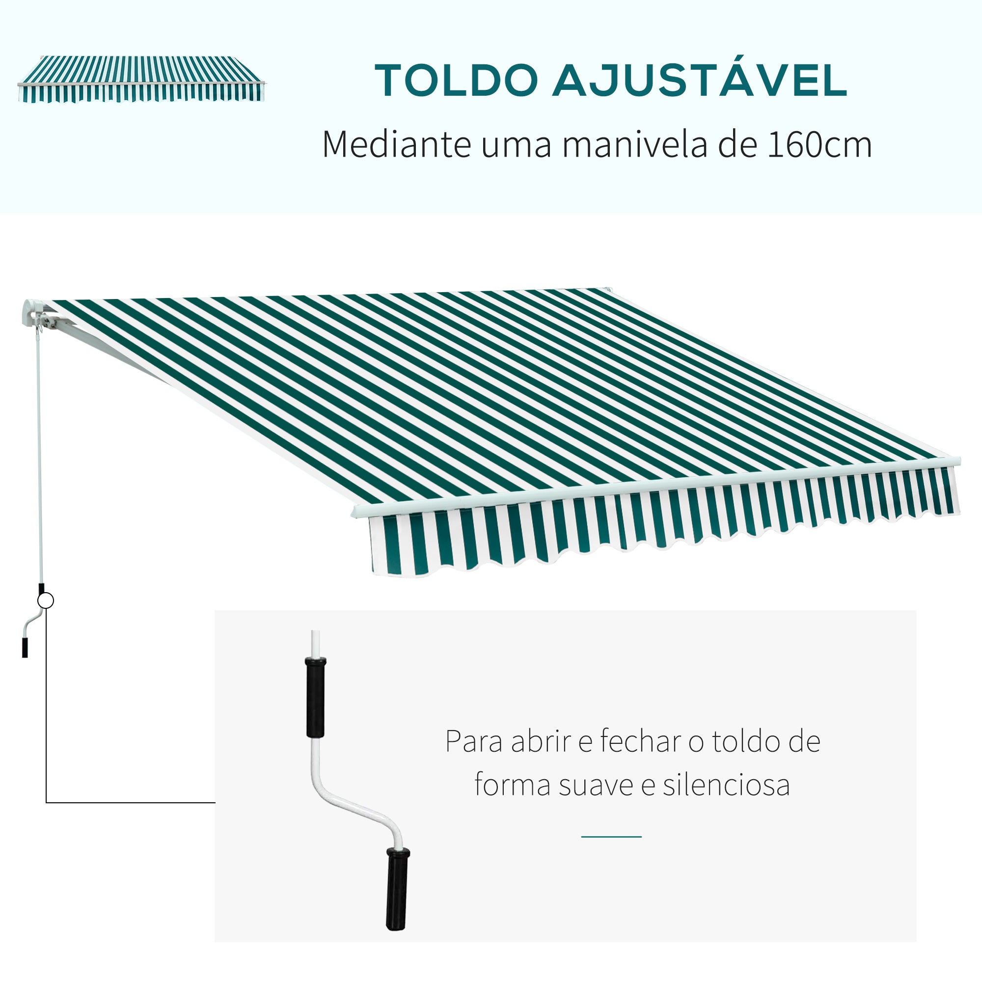 Toldo Manual de Alumínio Verde e Branco 295x250 cm - Ângulo Ajustável