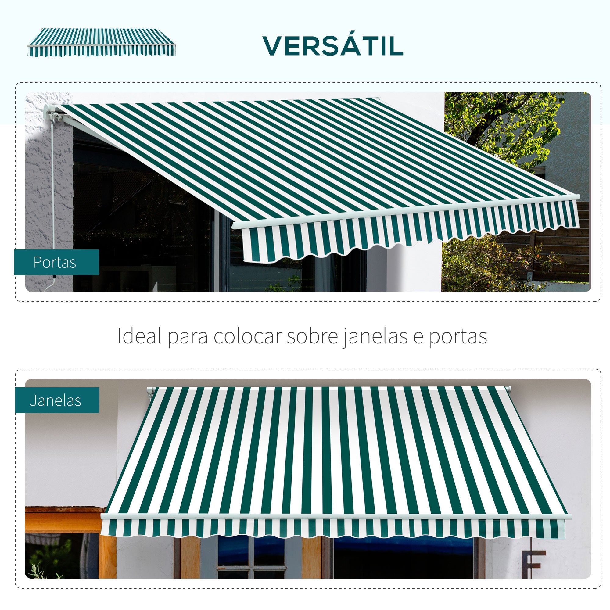 Toldo Manual de Alumínio Verde e Branco 295x250 cm - Ângulo Ajustável