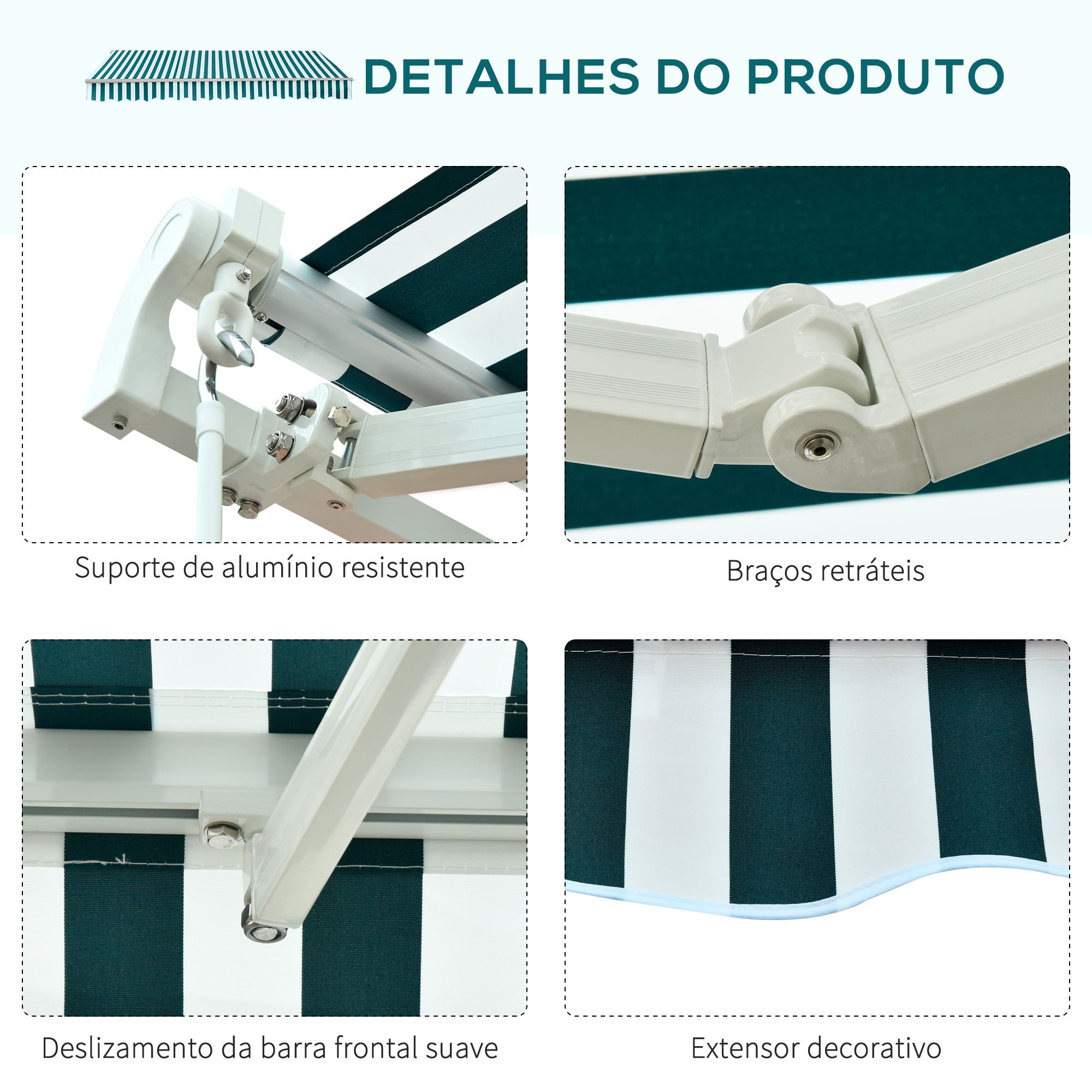 Toldo Manual de Alumínio Verde e Branco 295x250 cm - Ângulo Ajustável