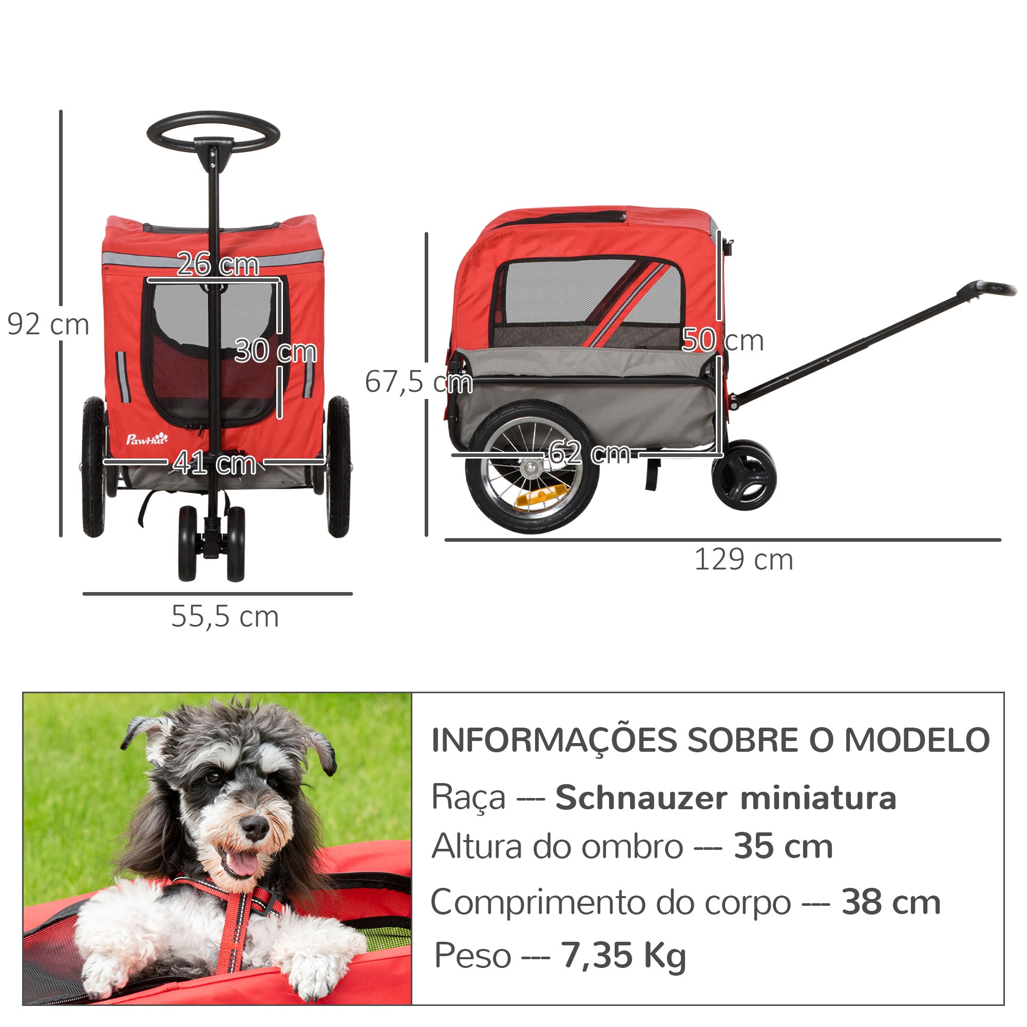 Reboque de Bicicleta para Cães 2 em 1 Vermelho 129x55,5x92 cm