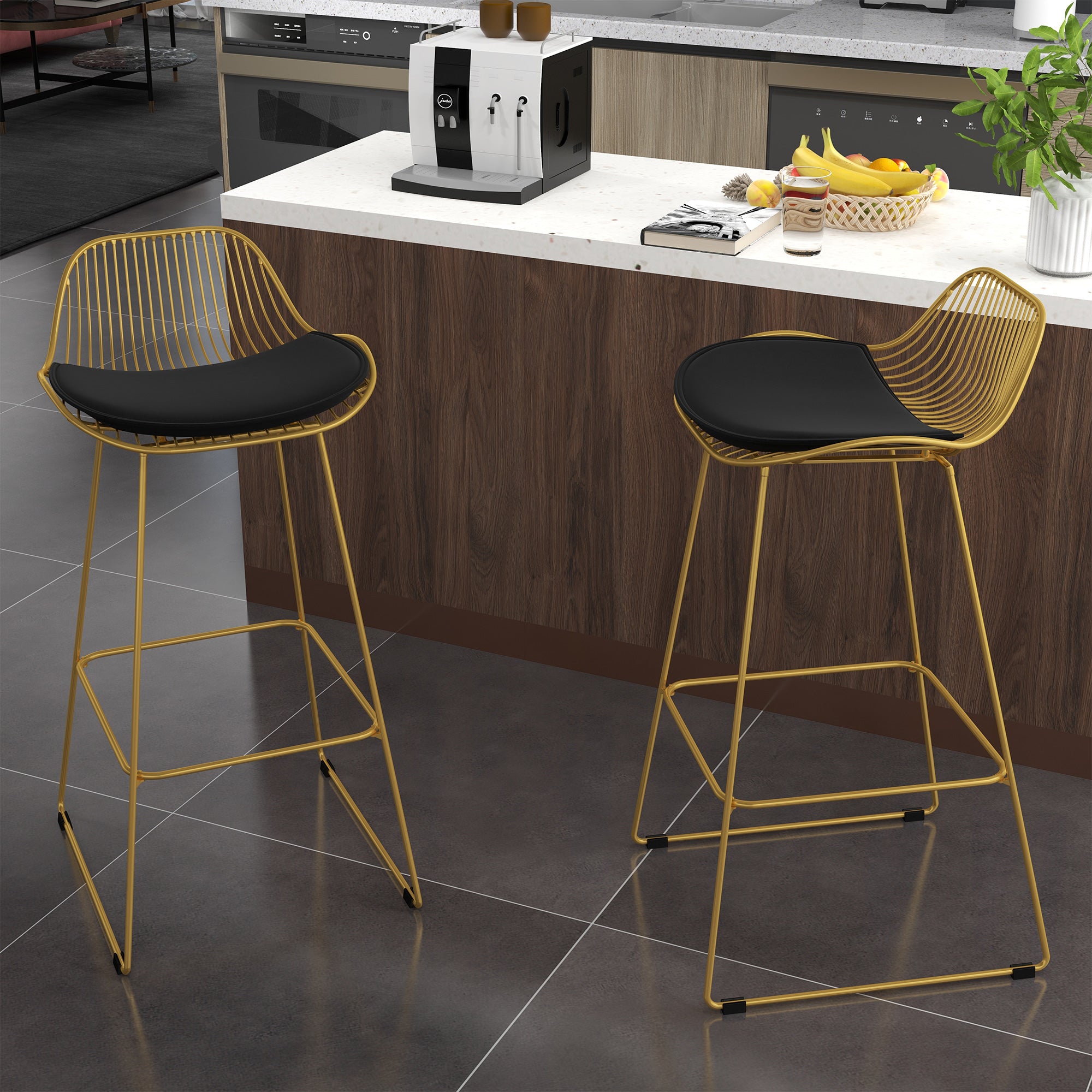 Bancos Altos de Cozinha – 46,5x48x93 cm – Dourado e Preto – Aço, espuma e poliéster