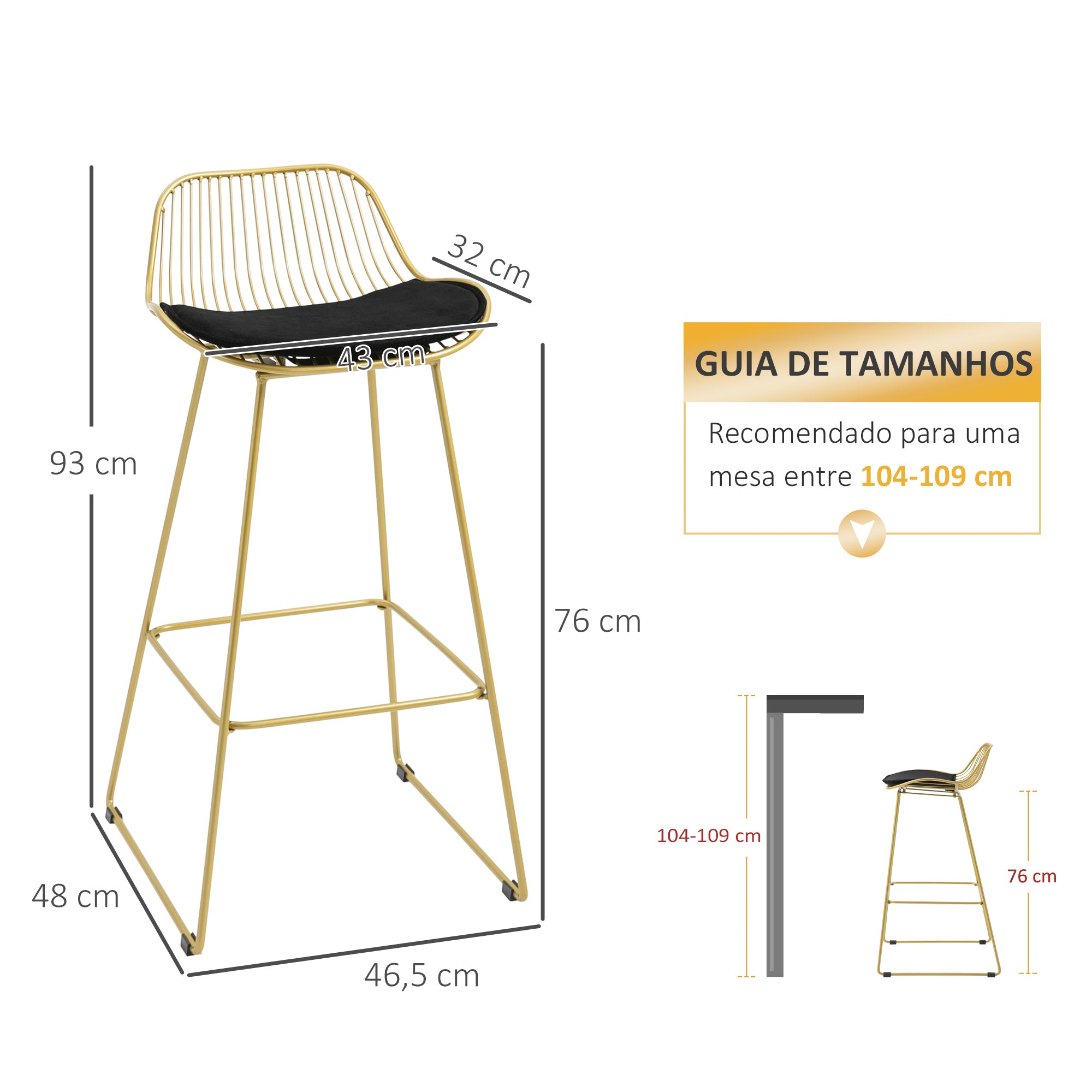 Bancos Altos de Cozinha – 46,5x48x93 cm – Dourado e Preto – Aço, espuma e poliéster