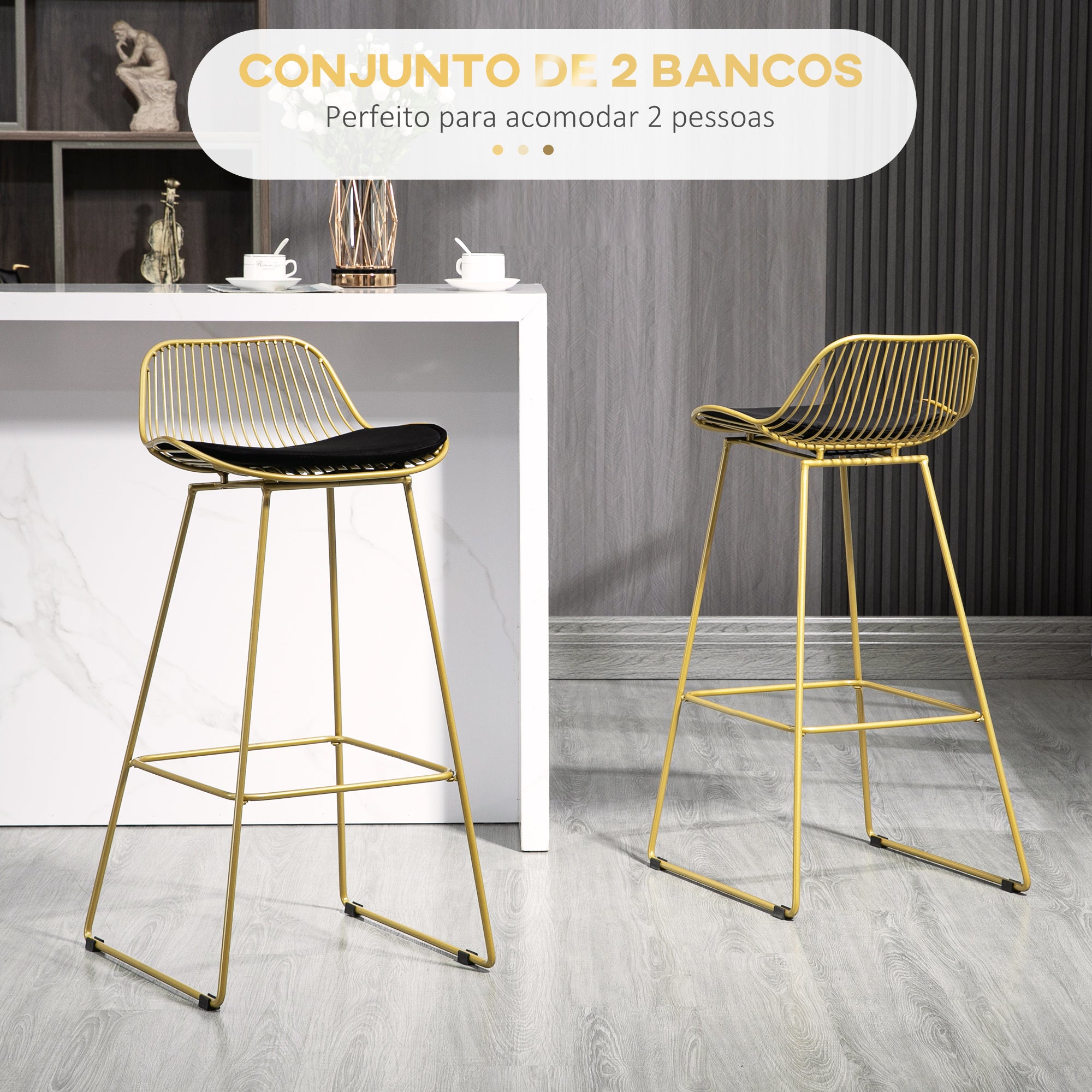 Bancos Altos de Cozinha – 46,5x48x93 cm – Dourado e Preto – Aço, espuma e poliéster